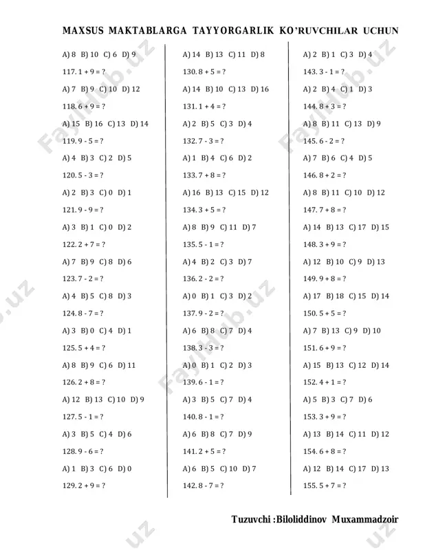 ? a) 10 b) 16 c) 14 d) 13 157. 4 - 2 = ? a) 1 b) 5 c) 3 d) 2 158. 2 - 1 = ? a) 0 b) 1 c) 3 d) 4 159. 6 + 1 = ? a) 7 b) 8 c) 6 d) 4 160. 7 + 6 = ? a) 12 b) 15 c) 13 d) 16 161. 4 + 1 = ? a) 2 b) 5 c) 8 d) 7 162. 8 + 2 = ? a) 9 b) 10 c) 12 d) 11 163. 8 - 4 = ? a) 5 b) 4 c) 7 d) 3 164. 8 - 4 = ? a) 2 b) 3 c) 7 d) 4 165. 9 - 9 = ? a) 1 b) 0 c) 3 d) 2 166. 7 + 4 = ? a) 8 b) 12 c) 14 d) 11 167. …