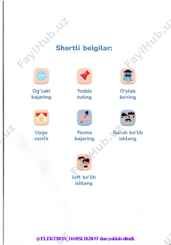 an yuklab olindi. v 21-mavzu eng yaxshi ixtirolar /7 8-mashq. gaplarning oxiriga mos tinish belgisini p qo'yib yozing. anvarning ola-bula sigiri bolaladi nodira qanday kitob o'qiyapti ^ shu yurtda tug*ilganimdan baxtiyorman f t 9-mashq. kim yoki nima haqida aytilganini bildiruvchi so‘zlarni qo‘y>b, gaplarni ko‘chiring. o (kim?) ... odamlarni davolaydi. o (nima?) ... yerni isitadi. o (kim?) ... bolalarni o'qitadi. o (nima?) ... asal yig'adi. o (kim?) ... yo'lovchilarni tashiydi. ° (kim?) ... taom pishiradi. foydalanish uchun so‘zlar: w w w @elektron_darslikbot dan yuklab olindi. eng yaxshi ixtirolar 21-mavzu yodda tuting! qoidani ko'chirib oling. gap kim (kimlar) yoki nima (nimalar) haqida aytiladi va ular haqida fikr bildiradi. (kim?) oshpaz taom (nima qiladi?) pishiradi. (nima?) quyosh yerni (nima qiladi?) isitadi. 10-mashq. rasmlarga qarab bittadan gap tuzing. w .i\ • gapning kim yoki nima haqida aytilganini bildiruvchi so'zlarni so‘roq berib aniqlang. shu so‘zlarning tagiga bitta chiziq chizing. namuna: quruvchi uylar quradi. kim uylar …