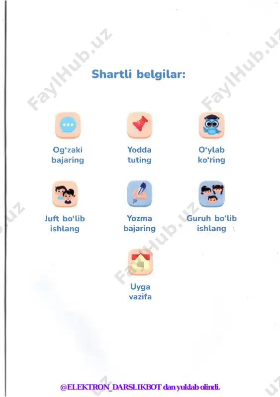 ga xazinaga o'xshatishlarini endi tushundim. 0 ‘ylab ko‘ring. i 1. siz qaysi uy hayvonlarini boqasiz? 2. uy hayvonlarining foydali tomonlarini sanang. uy hayvonlari jumlasini bo‘g‘inlarga ajratib, chiziqcha bilan yozing. 5 @elektron_darslikbot dan yuklab olindi. 1 0 -m a vzu jonli burchak o' 1-mashq. rasmlarni nomlang. 7 i»*" 2 % 1. yozgan so'zlaringizda nechtadan undosh tovush bor? 2. so‘zlarda ikkita bir xil undosh yonma-yon kelganmi? 2-mashq. so'zlarni yozing. yonma-yon kelgan bir + xil undoshlarning tagiga chizing. sayyora qubba rassom dpvyatsh f l s b qoidani tushunib oling. ba’zi so'zlarda ikkita bir xil undosh yonma-yon keladi: tabassum, izzat, chaqqon @elektron_darslikbot dan yuklab olindi. jonli burchak 10-m avzu » 2-mashq. nuqtalar o‘rniga tushirib qoldirilgan ikkita bir xil undosh harflarni qo'yib, so‘zlarni yozing. tushirib qoldirilgan undoshlar: © © 0 ^ © © u © @ © baqu...at ti...a qi...at muna...ar taba...um tana...us a...iq alba...a cha...on 5-mashq. topishmoqlar javobini toping. bir xil undosh ketma-ket kelgan …