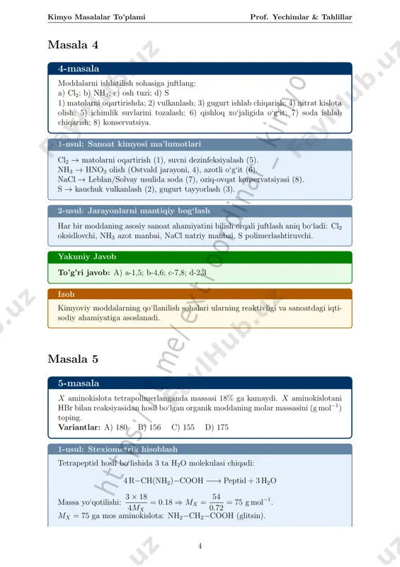 1 ta toq). 2-usul: guruh raqami bo‘yicha p-pog‘onada 3 ta elektron ⇒ v guruh (ns2np3). n, p, as, sb, bi. variantda faqat as bor. yakuniy javob to’g’ri javob: a) mishyak izoh yarim to‘lgan pog‘onalar (p3, d5, f 7) qo‘shimcha barqarorlikka ega. bu elementlarn- ing kimyoviy xossalarini belgilaydi. masala 8 8-masala kristall modda tuzilishi o‘rganilganda oktaedr xo6 va tetraedr ox4 ekanligi aniq- landi. modda formulasini toping. variantlar: a) al2o3 b) cro3 c) mno2 d) fe3o4 1-usul: koordinatsion son va kristallografiya cro3 polimer tuzilishida cr atomi cro4 tetraedri va cro6 oktaedri orqali bog‘lanadi. bu xrom(vi) oksidining aniq kristallografik xususiyati. 2-usul: valentlik va tuzilish al2o3 faqat oktaedrli. mno2 oktaedrli. fe3o4 aralash (tetraedr + oktaedr), lekin cro3 aniq xo4 va xo6 qatlamlarini hosil qiladi. yakuniy javob to’g’ri javob: b) cro3 6 ht tp s: // t.m e/ ex tr oo rd in ar _k im yo kimyo masalalar to’plami prof. yechimlar & tahlillar izoh …