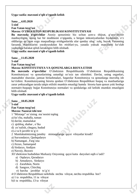 a xorazmda ; d) samarqandda e) qadimgi keshda 9 o`zbekiston qachon birlashgan mamalakatlar qatoridan o`rin olgan? a) 19990 yil 2-may b) 1992 yil 2-mart c) 1991 yil 5-sentyabr d) 2000 yil 2-mart e) 2005-yil 20-sentyabr 10 “yaratilgan” degan ma`noni anglatuvchi, hozirda biz qo`llaydigan arabcha so`z yozilgan qatorni toping? a) aholi b) xalq c) raiyat d) fuqoro e) ta`ba 11til, din, makon, tarix, turmush tarzi va ma`naviyat birligiga ega bo`lgan inson jamoasi qanday nomlanadi? a) millat b) elat, c) xalq d) ulus e) ulamo 12 qanday odamni vatan va halq kechirmaydi ? a)yalqovni b) buzg`unchini c) hiyonatkorni d) qo`rqoqni e) s va d javoblar to`g`ri 13 quyidagi rivoyatlarni qaysi birida podshoh behuda qon to`kilishiga yo`l qo`ymaslik uchun yovga o`zining uchqur arg`umog`ini beradi? a) “bir qarich er” b) “imom buxoriyning onasi” c) “chumolining vatani” d) “samarqandning noni” e) to`g`ri javob berilmagan 14 mug`ul bosqinchisi chingizxon qaysi ulug` zotning obro` e'tiborini hisobga olib, …