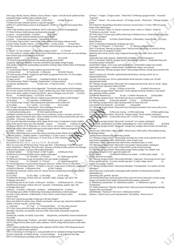 , o'yin, tasviriy va amaliy san'at kabi turlaridan o'ziga xos xususiyatlari bilan ajralib turadigan so'z san'ati" nima deyiladi. a) badiiy adabiyot b) xalq og'zaki ijodi c) epik tur janrlari. d) lirik tur janrlari 31.barcha xalqlar og'zaki ijodining eng sevimli, qiziqarli va o'ziga xos turi nimalar hisoblanadi? a) topishmoqlar b) ertaklar c) masallar d) dostonlar 32.narsa-hodisalar majoziy tarzda tasvirlanib, fard, bayt, qit'a, ruboiy va g'azal shaklida yoziladigan janr qaysi? a) masal b) maqol c) chiston d) ertak 33."matal" atamasi bilan yuritiladigan janrlar qaysilar? a) masal, ertak b) topishmoq, ertak c) rivoyat, afsona d) afsona, topishmoq 34.tikansiz..., sadafsiz..., mashaqqatsiz... bo'lmas.nuqtalar o'rnidagi so'zlarni toping? a) yantoq,chig'anoq, yemoq b) cho'l, dur, safar c)gul,dur, hunar d) yantoq, dur, boylik 35. ularda xalq hayotining barcha qirralari - turmush madaniyati, urf-odatlari va boshqa jihatlari, inson va uni o'rab turgan olam o'xshatishlar, taqqoslashlar, savollar vositasida ifodalanadi. gap qaysi janr haqida ketmoqda? a) maqollar b) masallar c) ertaklar d) …