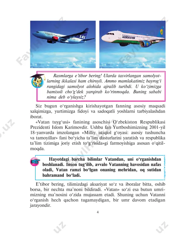 an ortiq suyar. hatto bu vatan hissi, tuyg‘usi hayvonlarda ham bor. agar bir hayvon o‘z vatanidan – uyuridan ayrilsa, o‘z yeridagi kabi rohat-rohat yashamas, maishati talx2 bo‘lub, har vaqt dilining bir go‘shasida o‘z vatanining muhabbati turar». ajdodlarimiz bu fikrlarni she’riy yo‘l bilan ham ifoda etganlar. atoqli shoir va ma’rifatparvar sidqiy xondayliqiyning mana bu satrlariga e’tibor bering: 1 islom karimov. yuksak ma’naviyat – yengilmas kuch. t.: «ma’naviyat» nashriyoti, 2013-yil, 90-bet. 2 maishati talx — turmushi achchiq. 7 vatan nadir? tuqqan yerim, turg‘on yerim, o‘sib-unib, o‘ynab-kulib yurg‘on yerim... jonim – vatan, tanim – vatan, ko‘zim – vatan, esdan chiqar oni ko‘rgoch, ko‘rgon yerim1. aziz o‘quvchi, ana shu uchta fikrdagi bir-biriga yaqin ma’noli iboralarni ajratib ko‘rsata olasizmi? masalan, «bu olamda betakror ona yurtimiz, o‘zbekistonimiz yakka-yu yagona» (birinchi fikr). «har kim tug‘ilgan, o‘sgan yerini jonidan ortiq suyar» (ikkinchi fikr). «jonim – vatan, tanim – vatan, ko‘zim – vatan, esdan chiqar oni ko‘rgoch, ko‘rgon yerim» …