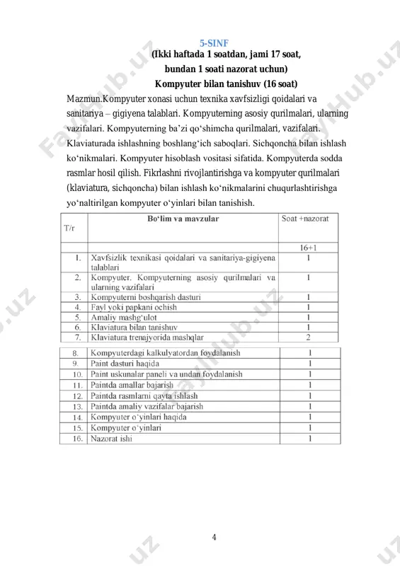 blash vositasi sifatida. kompyuterda sodda rasmlar hosil qilish. fikrlashni rivojlantirishga va kompyuter qurilmalari (klaviatura, sichqoncha) bilan ishlash ko‘nikmalarini chuqurlashtirishga yo‘naltirilgan kompyuter o‘yinlari bilan tanishish.