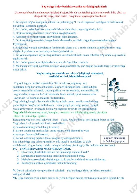 ib boradi. yog‘ochning o‘sishi uning ko‘ndalang qismidagi yillik halqalaridan ko‘rinadi iv. yangi mavzuni mustahkamlash. 1. ish o’rnini jihozlashda maxsus moslamalarga nimalar kiradi? 2. duradgorlik ustaxonasining tuzilishini tushuntirib bering. 3. maktab ustaxonalarida belgilangan ichki tartib-qoidalami tushuntirib bering. 4. xavfsizlik texnikasi qoidalarini tushuntirib bering. v. darsni yakunlash vao‘quvchilarni baholash. yog’ochlarga ishlov berish ustaxonasini t artibga keltirish. vi. uyga vazifani e’lon qilish: mavzu bo‘yicha berilgan barcha ma’lumotlarni o‘qib-o‘rganib kelish. tartib raqam sinf sana o‘tibdo‘ (imzo) 1 ________________________ 2 3 4 mavzu: yog‘ochning tashqi ko‘rinishi, yaroqlilik va yaroqsizligiga ajratish. darsning maqsadi: ta’limiy maqsad: o’quvchilarga yog‘ochning turmushda va xalq ho‘jaligidagi ahamiyati, tuzilishi, turlari, ishlatilish sohalari. yog‘ochlarning tashqi ko‘rinishi va o‘ziga xos belgilari. yog‘ochning yaroqlilik va yaroqsizlik belgilari to‘g‘risida ma’lumotlar berish. tarbiyaviy maqsad: o’quvchilarning qalbida vatanga mexr uyg’otish, kasb hunarga yo’naltirish va mehnat faniga qiziqishini oshirish. rivojlantiruvchi maqsad: o’quvchilarni darsga qatnashish faolligini oshirish. tayanch kompetensiyalar: axborot bilan ishlash kompetensiya elementi:mavzu doirasida ko’rsatilgan multimedia ilovalariga ongli munosabat …