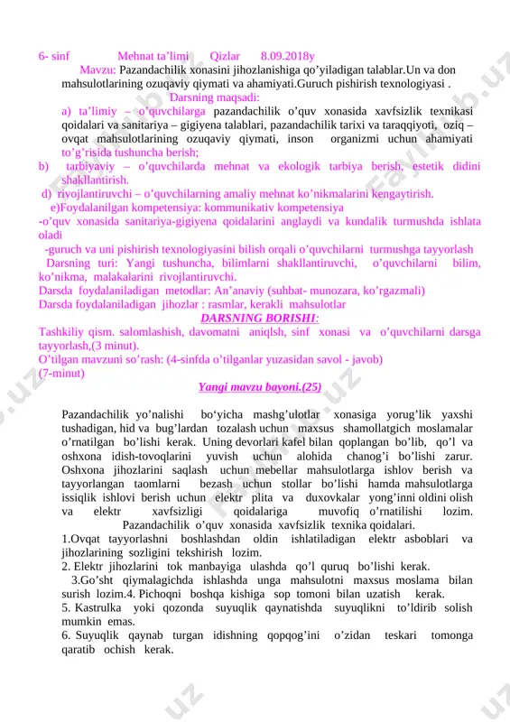 anbai hisoblanadi. uglevodlarning asosiy manbalari: qand, asal, shirinliklar, ho’l mevalar, sabzavoptlar, sut va don mahsulotlaridir. uglevodlar organizmda tez va oson hazm bo’ladi. kishilarning normal o’sishi va rivojlanishi kasalga chalinmasligi uchun vitaminlarning ahamiyati juda katta. vitaminlarning asosiy manbalari:sabzavot va mevalar, don mahsulotlari, baliq, sut va sut mahsulotlaridir. kishi organizmi uchun zarur bo’lgan oziq moddalarni har kuni iste’mol qiladigan taom va oziq-ovqat mahsulotlari orqali qabul qiladi. ular quyidagi guruhlarga bo’linadi: 1. sut va sut mahsulotlari 2. go’sht va go’sht mahsulotlari 3.don va don mahsulotlarisabzavot va mevalar 4.oziq – ovqat yog’lari 2. qand va qandolat mahsulotlari. sut tarkibida organizm uchun zarur bo’lgan barcha moddalar mavjud. bundan tashqari organizmdagi kasalliklarni yo’qotuvchi va oldini oluvchi moddalar bor. sut mahsulotlariga qatiq, tvorog, suzma, pishloq, qaymoq, saryog’ va boshqalar kiradi. go’sht- o’zbekistonda asosan qo’y va mol go’shti, shuningdek, ot echki, parranda, baliq go’shtlari iste’mol qilinadi. go’sht mahsulotlariga kolbasalar, cociska, yaxna go’shtlar, qazi, go’shtli konservalar kiradi. bular yuqori …