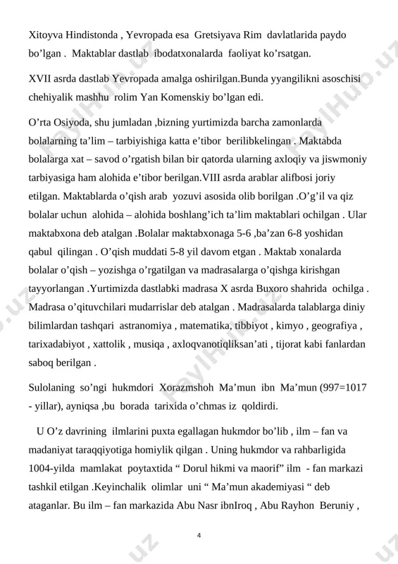 langan, albatta . biroq ular orasida siz kabi yoshlar qalbida iftixor va g’urur , o’tmish tariximizga chuqur hurmat tuyg’usini o’stirish alohida o’rin tutadi. qayta tiklangan akademiya o’zbekiston fanlar akademiyasining bo’limi sifatida faoliyat yuritmoqda . 2006 – yilyurtimizda xorazm ma’mun akademiyasining 1000 yilligi nishonlandi . iv .o’quvchilar tushunchasini aniqlash . 15 daqiqa 1. klasterusulidanfoydalanish. yaxshi mutahassis bo’lishga zamintayyorlash koinothaqidagi bilimlargaegabo’ladi olam haqidagi yangi [bookmark: _goback] bilimlarga ega bo’lish ( maktab ) dunyo mamlakatlari olam haqidagi yangi bilan tanishish. bilimlarga ega bo’lish muomala madaniyatiga ma’naviy ega bo’lish barkamol nutq axloqiy pok inson bo’lib o’sadi bo’ladi yetishish 2. savol - javob 1. “maktab“ so’ziqandayma’nonibildiradi? 2. “ pedagog” so’ziqandayma’nonibildiradi? 3. ilk maktablarqayerdatashkil topgan? 4. bolalar yoshigaqarab ,sinflargabo’libo’qitish, mashg’ulotlarinijadvalasosoidatashkilqilishg’oyasinikimo’ylabtopgan? 5. yurtimizdadastlabki madrasa qachontashkiltopgan? 6. “ dorulhikmavamaorif”danima? 7. [image: ]“ dorulhikmavamaorif”daqaysibuyuka allomalarfaoliyatyuritganlar. pisa test 1.“ dorul hukma va maorif” da faoliyat yuritganalloma kim va u yashab ijod qilgan yillarni toping? a) beruniy 973-1048 b) abu ali …