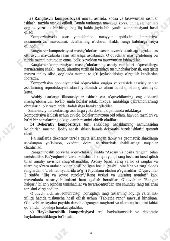 an va tasavvurdan ishlaydilar. rangtasvir kompozitsiyasi mashg’ulotlarining asosiy vazifalari o’quvchilarga narsalarning shakli, rangi, ularning tuzilishi haqidagi tushunchalar berish, eng qiziq mavzu tanlay olish, qog’ozda rasmini to’g’ri joylashtirishga o’rgatish kabilardan iboratdir. kompozitsiya qonuniyatlarini o’quvchilar ongiga yetkazishda tasviriy san’at asarlarining reproduksiyalaridan foydalanish va ularni tahlil qilishning ahamiyati katta. adabiy asarlarga illustrasiyalar ishlash esa o’quvchilarning eng qiziqarli mashg’ulotlaridan bo’lib, unda bolalar ertak, hikoya, masaldagi qahramonlarning obrazlarini o’z rasmlarida ifodalashga harakat qiladilar. zamonaviy mavzulardagi asarlarga yoki dostonlarga hamda ertaklarga kompozitsiya ishlash uchun avvalo, bolalar mavzuga oid odam, hayvon rasmlari va ba’zi bir narsalarning o’ziga qarab rasmini chizib oladilar. b) dekorativ kompozitsiya turli shakldagi naqshlarning namunasidan ko’chirish, mustaqil ijodiy naqsh ishlash hamda dekorativ-bezak ishlarini qamrab oladi. 1-4 sinflarda dekorativ tarzda qayta ishlangan tabiiy va geometrik shakllarga asoslangan yo’lsimon, kvadrat, doira, to’rtburchak shaklllardagi naqshlar chizdiriladi. rangshunoslik bo’yicha o’quvchilar 2 sinfda "asosiy va hosila ranglar" bilan tanishadilar. bo’yoqlarni o’zaro aralashtirish orqali yangi rang tuslarini hosil qilish bilan …