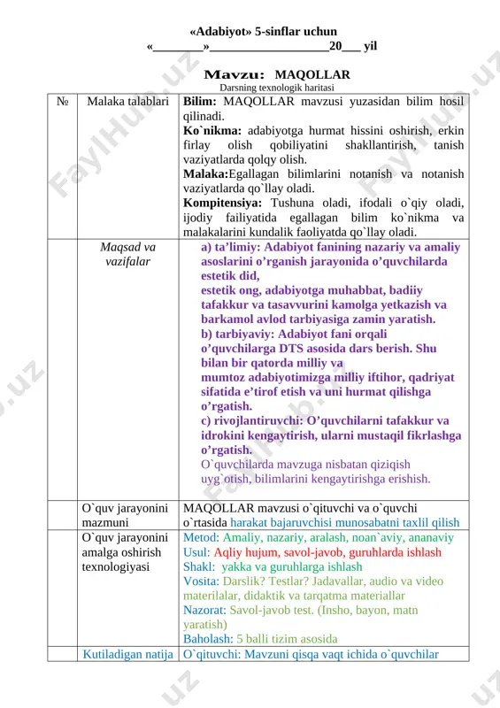 a berilish, orzu qilish, agar maqsadlariga erisha olmasa, armon chekish singari juda ko‘p xususiyatlar ham xosdir. yangi mavzuni mustahkamlash: og’zaki savol-javob. uyga vazifa. dars yakuni. baholarni tahlil qilish. o’quv-tarbiya bo’yicha direktor o’rinbosari: ________________ «adabiyot» 5-sinflar uchun «________»___________________20___ yil mavzu: maqollar darsning texnologik haritasi № malaka talablari bilim: maqollar mavzusi yuzasidan bilim hosil qilinadi. ko`nikma: adabiyotga hurmat hissini oshirish, erkin firlay olish qobiliyatini shakllantirish, tanish vaziyatlarda qolqy olish. malaka:egallagan bilimlarini notanish va notanish vaziyatlarda qo`llay oladi. kompitensiya: tushuna oladi, ifodali o`qiy oladi, ijodiy failiyatida egallagan bilim ko`nikma va malakalarini kundalik faoliyatda qo`llay oladi. maqsad va vazifalar a) ta’limiy: adabiyot fanining nazariy va amaliy asoslarini o’rganish jarayonida o’quvchilarda estetik did, estetik ong, adabiyotga muhabbat, badiiy tafakkur va tasavvurini kamolga yetkazish va barkamol avlod tarbiyasiga zamin yaratish. b) tarbiyaviy: adabiyot fani orqali o’quvchilarga dts asosida dars berish. shu bilan bir qatorda milliy va mumtoz adabiyotimizga milliy iftihor, qadriyat sifatida e’tirof etish va uni …