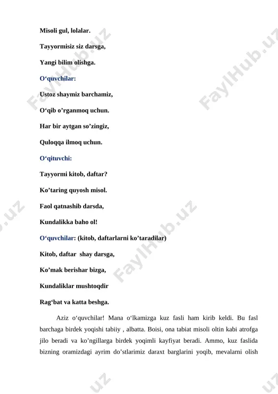 lar to’planadi va dars so’nggida jamlanadi. zukko ziyo [image: ]guruhlar o’zlari uchun ajratilgan “so’z daraxti”ni gaplar bilan to’ldiradilar, qaysi guruh tez va to’g’ri bajarsa, ragbatlar taqdim etiladi. 1-guruh: darak gap 2-guruh: so’roq gap 3-guruh: buyruq gap 4-guruh: istak gap 2-topshiriq. darslikda berilgan mashqni “kim tez va to‘g‘ri bajaradi?” usuli yordamida bajaring. 79- mashqda “yomonlikning jazosi” matni berilgan bo’lib, bu mashqda guruhlardan matnda foydalanilgan darak, so’roq, buyruq va istak gaplarni topishlari lozim bo’ladi. mashq bajarilib bo’lingach, yomonlikning ,albatta , jazolanishi haqida fikrlar umumlashtiriladi. “bbb” usuli yordamida o’quvchilar bilim, ko’nikma va malakalari tekshiriladi. [image: ] dars yakunida g’olib guruh aniqlanadi va rag‘batlantiriladi. bunda quyidagi rag’bat tarqatmalaridan foydalaniladi. [image: ][image: ]o‘quvchilarni rag‘batlantirish: shartni to‘g‘ri bajargan shartni noto‘g‘ri bajargan guruhga guruhga darsni yakunlash: xo‘sh, bilag’on bolalar o‘rgandingiz nelarni? gaplarni ifodalash doim shirin so’zlashni. o‘quvchilar: biz o’rgandik bugun ustoz, gapni to’gri qo’llashni. so’roq istak gapni endi o’z o’rnida qo’llashni yana bildik buyruq, darak istak gapni …