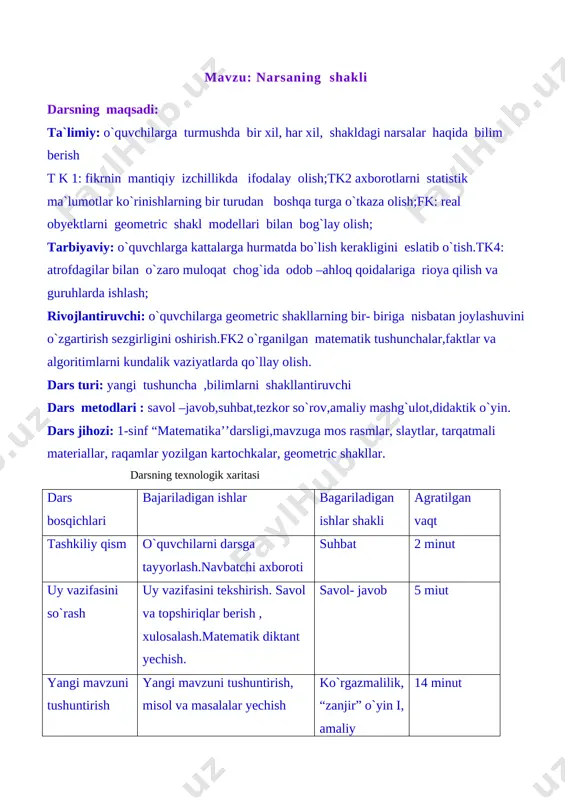 qituvchi;bu darslikni qadriga yetishni uni asrab avaylash kerakligini o`quvchilarga tushuntiradi.matematika fanini raqamlarsiz tasavvir etib bo`lmaslikni aytadi .raqamlar shunda tilga kiradi. “o”raqami ‘diqqat mening nomim hol o`quvchim sen ogoh bo`l. yolg`iz tursam yo`qman men, sherik bo`lsa to`qman men yozilishim qiyinmas dum-dumaloq chizsang bas! “1” raqami [image: image5.png] bir degan sanoq sonman, sanash uchun osonman bitta yurak bitta bosh, bitta oy, bir quyosh, yozishga ham o`ng`ayman, qoziqchaga o`xshayman “2”raqami [image: image6.png][image: image7.png] ikki degan nomim bor, ikki birdan men tayyor. ikki qo`l,ikki oyoq, ikki ko`z,ikki quloq nimaga o`xshayman xo`sh xuddi ko`ldagi oqqush! “3” raqami[image: image8.png] [image: image9.png] [image: image10.png] uchta birman nomim uch, birlashganda bo`lar kuch. uchgacha sanayman der, shart o`ynagan har bir sher. yozish uchta qiyi nmas, tishlangan ikki kulcha. “4” raqami[image: image11.png] [image: image12.png] [image: image13.png] [image: image14.png] men to`rt degan raqamman, ikki ikkida jamman. bo`lsa ikki juft o`rtoq, to`tta ulfat o`sha choq yozishni qil mashq picha, bir o`yog`i narvoncha! …