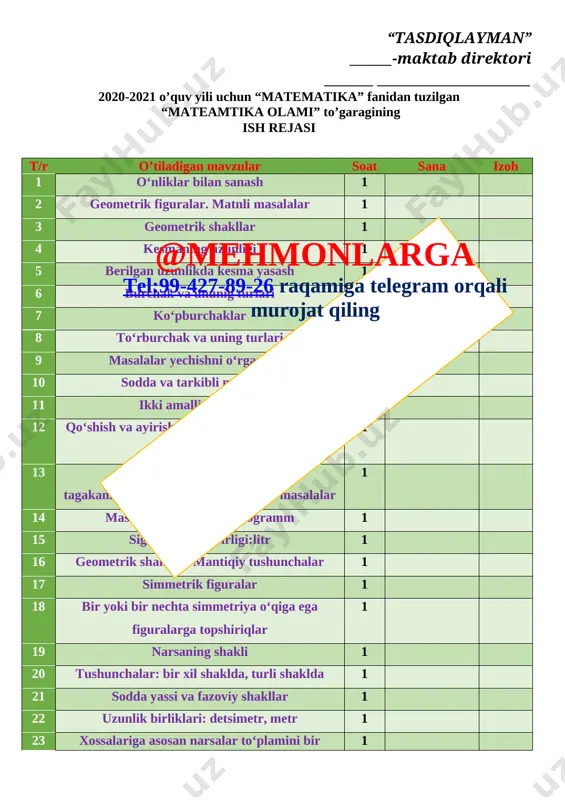 olish; fk2 amaliy vaziyatlarda o‘rganilgan matematik tushunchalar va algoritmlarni qo‘llay oladi. tarbiyaviy: o’quvchilarda jonivorlarga nisbatan mehr uyg’otish. o’quvchilarda topqirlik va zukkolik fazilatlarini tarbiyalash. tk3 o‘qishga va yangi bilimlarni egallashga qiziqish.tk4 milliy bayramlarimizga oid sana va vaqtlarni bilish, ularni kundalik hayotda qo‘llay olish;zaminimizda yashab o‘tgan buyuk allomalarimizning matematikaga qo‘sh gan hissalarini tushuna olish. rivojlantiruvchi: o’quvchilarni og’zaki va yozma hisoblash malakalarini o’stirish. fk1 o‘rganilgan matematik tushunchalarni qabul qila oladi, tegishli topshiriqlar keltira oladi; burchaklarning asosiy turlarini (masalan, to‘g‘ri, o‘tkir, o‘tmas burchaklar) tasavvur qila oladi, solishtira oladi va tasvirlay oladi; mashg`ulot turi: yangi tushuncha berish. metodi: aralash, savol-javob , mustaqil ish.. jihozi: mavzuga oid ko’rgazma, matematika mashg`ulotligi.@mehmonlarga tel:99-427-89-26 raqamiga telegram orqali murojat qiling mashg`ulotning borishi. i tashkiliy qism. a) salomlashish, davomotni aniqlash, tozalikni tekshirish b) ma’naviyat daqiqasi kun yangiligi ii. o’tgan mavzuni so’rash va mustahkamlash. o’tilgan mavzularni savol-javob orqali takrorlash. o’tilgan mavzular yuzasidan amaliy mashg’ulotlar o’tkazish. iii yangi mavzu bayoni sanashni takrorlaymiz [image: …