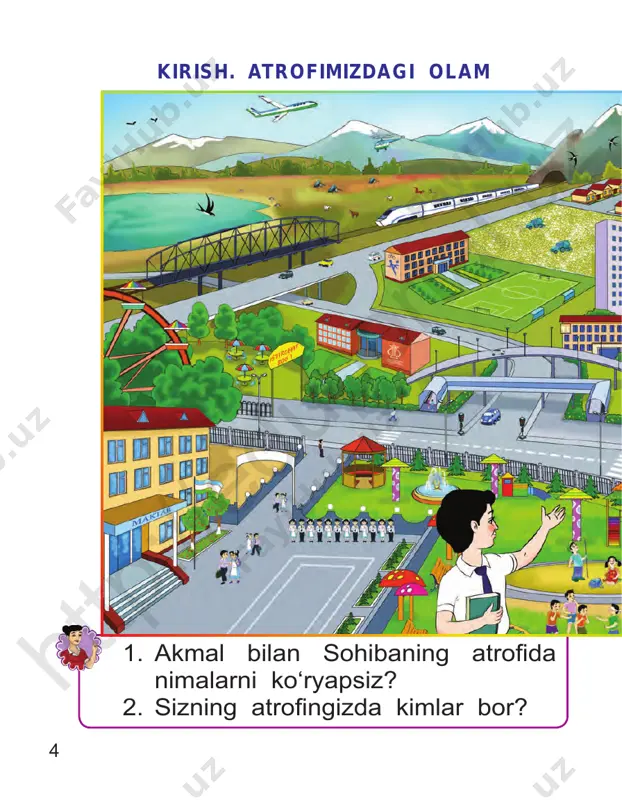 i bilasizmi? rasmlarda mahallaning qaysi joylari tasvirlangan? 1 2 3htt p:/ /ed up ort al. uz 12 ko‘chada yurish qoidalari rasmda chorraha tasvirlangan. o‘quvchilar nega to‘xtab turibdi? o‘quvchilar nega yo‘lni kesib o‘ta boshladilar? 4–5-betlardagi rasmdan ko‘chalarni, chorrahalarni, piyodalar yo‘laklarini, piyodalar o‘tish joylarini, svetoforlarni ko‘rsating. transport vositalarining nomlarini ayting. htt p:/ /ed up ort al. uz 13 yo‘ldan bu tariqa o‘tish mumkin. bu tariqa o‘tish mumkin emas. rasmlardagi holatlarga o‘z muno sabatingizni bildiring. svetofor chiroqlari nima deydi? ko‘chani piyodalar uchun ajratilgan joydan kesib o‘tish lozim. e’tiborsiz bo‘lsa kim, ko‘zlarimga, – deydi, – boq. yo‘l ko‘rsatar hammaga, doimo uchta o‘rtoq. 1 2 3 4htt p:/ /ed up ort al. uz 14 rasmlar asosida quyoshning ob- havoga ta’siri haqida fikr bildiring. quyosh. oy sharqdan chiqar tong chog‘i, g‘arbda uning yotog‘i. quyosh yerni yoritadi. quyosh yerni isitadi. odamlar quyoshning yorug‘ligi va issiqligisiz yashay olmaydilar. hay vonlarga ham quyoshning yorug‘ligi va issiqligi kerak. o‘simliklarga ham. …