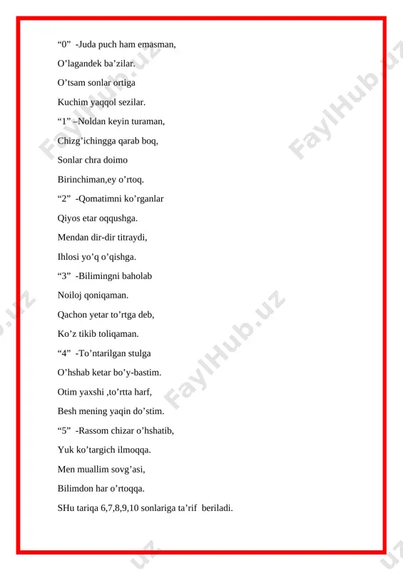 ilar va qiymatiga qarab berilgan ko’rinishdagi uychani yasashlari lozim. shartlar bajarib bo’lingach , har bir guruh savatidagi gullar sanab chiqiladi. eng ko’p gul yig’gan g’olib guruhga “matematika qasri”ning sehrli kaliti topshiriladi . asrlar ortidan kelar asrlar, unut bo’lar o’tmish – jumboqlar ,sirlar . lekin asoslarin barcha fanlarning, kelajakka olib ketar nasllar . qunt bilan o’rganib ,shu buyik fanni shon-shuhratga o’rang ona vatanni . donolar donosi bo’lgay agar kim fanga bag’ishlasa , jon birla tanni . [image: image3.png]