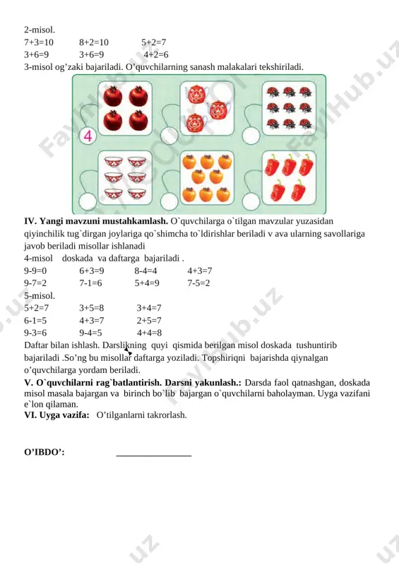 osida matematika fani bo’yicha ta’lim berish. matematik tayyorgarlikni belgilash. ta’limiy: o’quvchilarning sanoq texnikasini, to’g’ri va teskari sanash qobiliyatlarini boyi-tish. sonlarni o’zaro taqqoslash , 11 dan 20 gacha bo’lgan ichida misollar yeshishni o’rgatish. tk3 masala yechish orqali ijtimoiy hayotdagi vaziyatlarga nisbatan o‘zining ijobiy munosabatini bildira olish; fk2 amaliy vaziyatlarda o‘rganilgan matematik tushunchalar va algoritmlarni qo‘llay oladi. tarbiyaviy: o’quvchilarda vatanga nisbatan mehr uyg’otish. o’quvchilarda topqirlik va zukkolik fazilatlarini tarbiyalash. tk3 o‘qishga va yangi bilimlarni egallashga qiziqish.tk4 milliy bayramlarimizga oid sana va vaqtlarni bilish, ularni kundalik hayotda qo‘llay olish;zaminimizda yashab o‘tgan buyuk allomalarimizning matematikaga qo‘sh gan hissalarini tushuna olish. rivojlantiruvchi: o’quvchilarni og’zaki va yozma hisoblash malakalarini o’stirish. fk1 o‘rganilgan matematik tushunchalarni qabul qila oladi, tegishli misollar keltira oladi; burchaklarning asosiy turlarini (masalan, to‘g‘ri, o‘tkir, o‘tmas burchaklar) tasavvur qila oladi, solishtira oladi va tasvirlay oladi; dars turi: yangi tushuncha berish. metodi: aralash, savol-javob , mustaqil ish.. jihozi: mavzuga oid ko’rgazma, matematika darsligi. darsning borishi: …