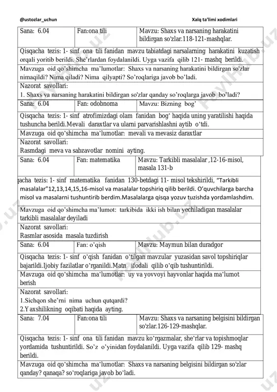lgisini bildirgan so'zlar.126-129-mashqlar. qisqacha tezis: 1- sinf ona tili fanidan mavzu ko‟rgazmalar, she‟rlar va topishmoqlar yordamida tushuntirildi. so‟z o‟yinidan foydalanildi. uyga vazifa qilib 129- mashq berildi. mavzuga oid qo‟shimcha ma‟lumotlar: shaxs va narsaning belgisini bildirgan so'zlar qanday? qanaqa? so‟roqlariga javob bo‟ladi. @ustozlar_uchun xalq ta’limi xodimlari nazorat savollari: 1. shaxs va narsaning belgisini bildirgan so'zlar qanday so‟roqlarga javob bo‟ladi? sana: 7.04 fan: matematika mavzu: qismlardan butunni, butundan bo‟laklarni hosil qilish, 1-4-m, 132-b qisqacha tezis: 1- sinf matematika fanidan 131-betdagi 16- misol tekshirildi, keyin mavzu “qismdan butunni ,butundan bo‟laklarni hosil qilish”. 5,6,7,8,9-misollar topshiriq qilib berildi.mavzuni audio tarzida tushuntirib berdim. o‟quvchilarga barcha masalarga qisqa yozuv tuzishda yordamlashdim.uyga vazifa qilib 132- betdagi, 4- miso berildi. mavzuga oid qo‟shimcha ma‟lumot: nonni han bo‟laklarga bo‟lib ko‟rsatish. nazorat savollari: “o‟yla izla top ” o‟yini o‟ynash sana: 7.04 fan: o‟qish mavzu: shamol va quyosh qisqacha tezis: 1- sinf o‟qish fanidan o‟tilgan mavzular yuzasidan savol topshiriqlar bajarildi.tabiat va undagi …