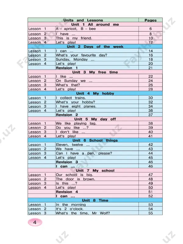 1 i like cartoons. 86 lesson 2 on the farm 87 lesson 3 let’s go to susambil! 88 lesson 4 let’s play! 89 revision 11 90 revision 12 91 5 unit 1 all around me lesson 1 a - apricot, b - bee listen and sing. tinglang va kuylang. 2a look, listen and point. rasmga qarang, tinglang va ko'rsating. rpi 2b j i play “i can say . . . ” . „men ayta olaman o'yinini o'ynang. e.g. a: a cat. b: i can say “meow”. play “ 1, 2, 3 -h o p ! 1, 2, 3 -s t o p !” „1, 2, 3 - hop! 1, 2, 3 -s to p !" o ‘yinini o ‘ynang. 6 4!% ) t write the letters. harflarni yozing. % * 5a v look at (a). count and match. a rasmga qarang. hayvonlarni sanang va mos rasm va raqamni belgilang. 5b …