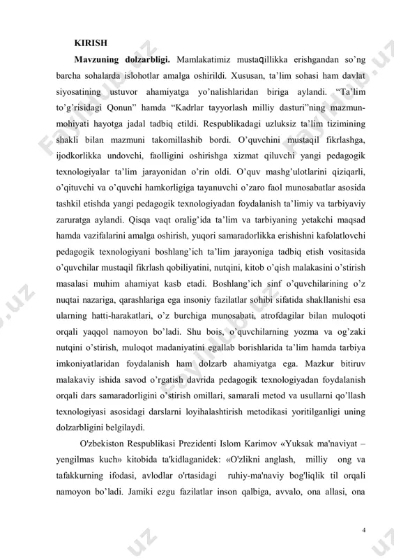 shi kerak. shu yerda birinchchi prezidentimiz i.a. karimovning «biz o’g’il-qizlarimizni o’zlarini anglashga, mustaqil, ongli fikrlashga, ularning tafakkurida bo’shliq vujudga kelishigi yo’l qo’ymasligimiz lozim»2 degan so’zlarini misol qilib keltirgan holda maktab o’quvchisi, kasb-hunar kollejlari, akademik litsey talabalarining nutq boyligi, uquvliligini oshirishimiz, badiiy va ilmiy adabiyotlarga qiziqishini rivojlantirishimiz, ularning dunyoviy va diniy ilmlardan qay darajada xabardorligini aniqlashimiz kerak bo’ladi. chunki, ko’p o’qigan va uqqan yoshlarni aldash, milliy g’oyamizga yot bo’lgan g’oyalar sari yetaklash xalqimiz dushmanlari uchun uddalab bo’lmaydigan masalaga aylanadi. farzandlarimizning nafaqat jismoniy va ma’naviy sog’lom o’sishi, balki ularning eng zamonaviy intellektual bilimlarga ega bo’lgan, uygun rivojlangan insonlar bo’lib, xxi asr talablariga to’liq javob beradigan barkamol avlod bo’lib voyaga yetishi uchun zarur barcha imkoniyat va sharoitlarni yaratishni o’z 1 karimov i.a. yuksak ma'naviyat engilmas kuch.-t.: ma'naviyat, 2008yil. 2 karimov i.a.barkamol avlod-o’zbekiston taraqqiyotining poydevori.t., 1998 y. 6 oldimmizga maqsad qilib qo’yganmiz1. mazkur to’plamning bosh g’oyasini quyidagi so’zlarda mujassam bo’lgan eng muhim o’zak fikr …