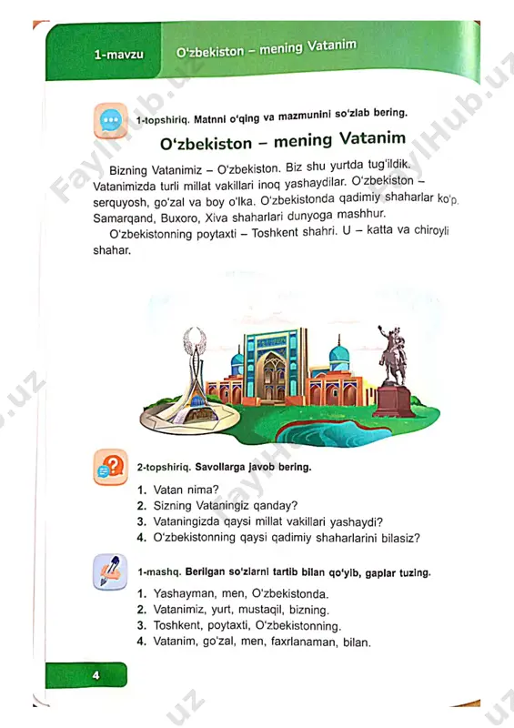 yonida doska bor. televizor doskaning tepasida. sinfda 3 ta deraza bor. deraza tokchasi ustida gullar bor. javon tepasida globus bor. kitob javoni ichida kitoblar ko'p. old, orga, ich, ust, yon, o'rta, tag, atrof, o'ng, chap, tepa so'zlari o'rin-joy. manzilning qayerda joylashganini bildirish magsadida go'llaniladi. bu so'zlarga -da, -ga, -dan qo'shimchalari go'shiladi. masalan: oldida, orqasida, ustiga, yoniga, tagidan, tepasidan. stolning ustida kitoblar bor. javonning yonida eshik bor. 2-topshiriq. savollarga javob bering. 1. sizning sinfingiz qanday? 2. sinfingizda nimalar bor? 3. sinf doskasi qayerda joylashgan? 4. kitob javoni ichida nimalar ko'p? bizning sinf 1-mashq. qavs ichidagi sozlardan gap mazmuniga mosini tanlang va gaplarniko'chiring. 1. sinfingiznidoimo toza (arting, saqlang). 2. nazorat ishi daftarlarini o'qituvchining stoli ustiga (bering, qo'ying). 3. yangi lug'at so'zlarni daftaringizga (yozing, chizing). 4. navbatchilar, sinf doskasini (yozing, arting). sinf doskasiga mashani (sanang, yozing). 6. poldagi qog'ozlarni chelakka (tering, soling). 2-mashq. rasmlarniso'z bilan yozing va gaplarni davom ettiring. ham bor. o'qituvchining …