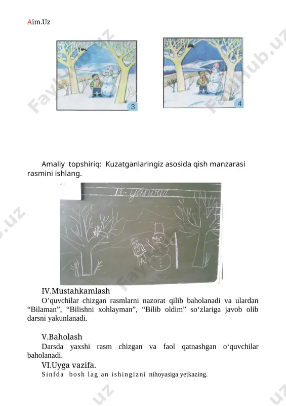 ang. iv.mustahkamlash o’quvchilar chizgan rasmlarni nazorat qilib baholanadi va ulardan “bilaman”, “bilishni xohlayman”, “bilib oldim” so‘zlariga javob olib darsni yakunlanadi. v.baholash darsda haykalni yaxshi ishlagan va faol qatnashgan o’quvchilar baholanadi. vi.uyga vazifa. sinfda boshlag an ishingizni nihoyasiga yetkazing. o’ibdo’ _________ o. xolmatova sana:______________ fan: tasviriy san’at mavzu: yelkanli qayiqcha rasmini ishlash. ta’limiy maqsad: o’quvchilarni yelkanli qayiqcha rasmini ishlashga o’rgatish. tevarak-atrofdagi borliq va hodisalarni, ulardagi go‘zallikni ko‘ra bilish va idrok etishga o‘rgatish; tarbiyaviy maqsad: o’quvchilarga estetik tarbiya berish. rivojlantiruvchi maqsad: o’quvchilarning bilim, konikma va malakalarini rivojlantirish. jihozi: darslik, mavzuga doir k’rgazmalar, rasmlar, qalamlar, rasm daftari, bo’yoq. darsning borishi: i.ta shkiliy qism. 1. o’quvchilar bilan salomlashish, sinf o‘quvchilarini davomadi va salomatligini nazorat qilish. 2. erta tongda ob-havo qanday bo’lmoqda? osmon qanday rangda?” ekanligini so’rash. ii. otilgan mavzuni takrorlash: o’quvchilarning uyda yakunlab kelgan ishlari tekshiriladi va baholanadi. yangi o’rganib kelgan latifalari tinglanadi. iii.yangi mavzu bayoni -bolajonlar biz bugun yelkanli qayiqcha rasmini ishlashni o’rganamiz. …