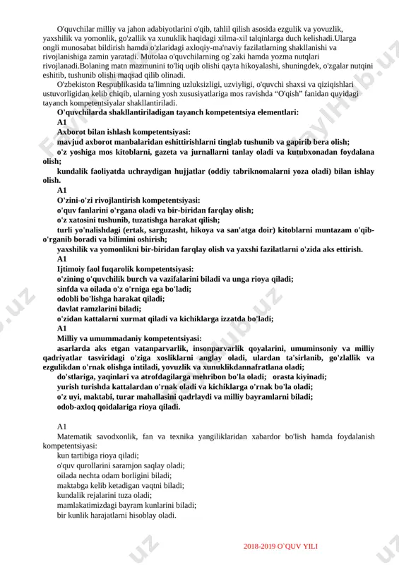 lish; kundalik faoliyatda uchraydigan hujjatlar (oddiy tabriknomalarni yoza oladi) bilan ishlay olish. a1 o'zini-o'zi rivojlantirish kompetentsiyasi: o'quv fanlarini o'rgana oladi va bir-biridan farqlay olish; o'z xatosini tushunib, tuzatishga harakat qilish; turli yo'nalishdagi (ertak, sarguzasht, hikoya va san'atga doir) kitoblarni muntazam o'qib-o'rganib boradi va bilimini oshirish; yaxshilik va yomonlikni bir-biridan farqlay olish va yaxshi fazilatlarni o'zida aks ettirish. a1 ijtimoiy faol fuqarolik kompetentsiyasi: o'zining o'quvchilik burch va vazifalarini biladi va unga rioya qiladi; sinfda va oilada o'z o'rniga ega bo'ladi; odobli bo'lishga harakat qiladi; davlat ramzlarini biladi; o'zidan kattalarni xurmat qiladi va kichiklarga izzatda bo'ladi; a1 milliy va umummadaniy kompetentsiyasi: asarlarda aks etgan vatanparvarlik, insonparvarlik qoyalarini, umuminsoniy va milliy qadriyatlar tasviridagi o'ziga xosliklarni anglay oladi, ulardan ta'sirlanib, go'zlallik va ezgulikdan o'rnak olishga intiladi, yovuzlik va xunuklikdannafratlana oladi; do'stlariga, yaqinlari va atrofdagilarga mehribon bo'la oladi; orasta kiyinadi; yurish turishda kattalardan o'rnak oladi va kichiklarga o'rnak bo'la oladi; o'z uyi, maktabi, turar mahallasini …