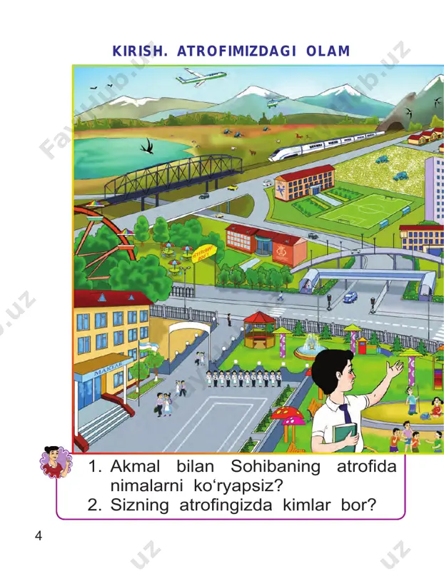 i, piyodalar yo‘laklarini, piyodalar o‘tish joylarini, svetoforlarni ko‘rsating. transport vositalarining nomlarini ayting. 13 yo‘ldan bu tariqa o‘tish mumkin. bu tariqa o‘tish mumkin emas. rasmlardagi holatlarga o‘z muno sabatingizni bildiring. svetofor chiroqlari nima deydi? ko‘chani piyodalar uchun ajratilgan joydan kesib o‘tish lozim. e’tiborsiz bo‘lsa kim, ko‘zlarimga, – deydi, – boq. yo‘l ko‘rsatar hammaga, doimo uchta o‘rtoq. 1 2 3 4 14 rasmlar asosida quyoshning ob- havoga ta’siri haqida fikr bildiring. quyosh. oy sharqdan chiqar tong chog‘i, g‘arbda uning yotog‘i. quyosh yerni yoritadi. quyosh yerni isitadi. odamlar quyoshning yorug‘ligi va issiqligisiz yashay olmaydilar. hay vonlarga ham quyoshning yorug‘ligi va issiqligi kerak. o‘simliklarga ham. 15 rasmlardagi quyoshni ta’riflang. u qayerdan chiqib qayerga botadi? rasmlarda kunning qaysi qismlari tas virlangan? buni qanday bilib oldingiz? 1 2 16 1. har bir faslni alohida tavsiflang. 2. qaysi faslda ob-havo issiq, qaysi­ nisida esa sovuq? nima sababdan? yil fasllari kuz qish 172 – atrofimizdagi olam, 1-sinf. g‘ir-g‘ir …