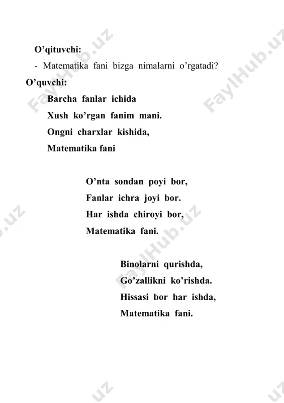 . yetti o’lchab ………….. . 5. ko’paytuvchi, ko’paytuvchi …………… davom ettir? 6. 45 bilan 5 ning bo’linmasi? 7. 5 ingliz tilida qanday aytiladi ? 8. 5 bilan 8 ning ko’paytmasi? 9. bo’linuvchi, bo’luvchi ………………….. . 10. 5 bilan 6 ning ko’paytmasi? 11. o’zi bitta qulog’i to’rtta. topishmoqning javobini toping? 12. 4 bilan 9 ning ko’paytmasi? 13. 35 bilan 5 ning bo’linmasi? 14. 5 soni rus tilida qanday aytiladi? 15. 3 ta qafasda 5 tadan qush hammasi nechta? 16. oyning 15 yorug’ ……………. maqolni davom ettiring? 17. 4 bilan 5 ning ko’paytmasi …………..? 18. 3 soni inglzi tilida qanday aytiladi? 19. 20 bilan 4 ning bo’linmasi? 20. qo’shiluvchi, qo’shiluvchi ……………….. 21. 5 ni 6 marta orttiring? 22. bir otasi, bir onasi necha yuz ming bolasi. topishmoqning javobini toping? 23. 40 sonini 5 marta kamaytiring? 24. 25 bilan 5 ning bo’linmasi? 25. kamayuvchi, ayriluvchi, …………. ? 26. 15 litr sut 3 ta …