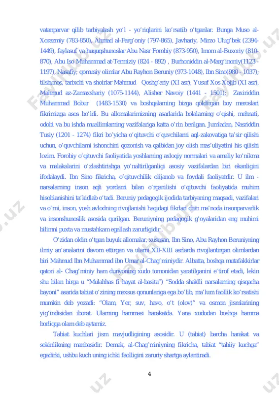 mahmud ibn muhammad ibn umar al-chag’miniydir. albatta, boshqa mutafakkirlar qatori al- chag’miniy ham dunyoning xudo tomonidan yaratilganini e’tirof etadi, lekin shu bilan birga u “mulahhas fi hayat al-basita”) “sodda shaklli narsalarning qisqacha bayoni” asarida tabiat o’zining maxsus qonunlariga ega bo’lib, ma’lum faollik ko’rsatishi mumkin deb yozadi: “olam, yer, suv, havo, o’t (olov)” va osmon jismlarining yig’indisidan iborat. ularning hammasi harakatda. yana xudodan boshqa hamma borliqqa olam deb aytamiz. tabiat kuchlari jism mavjudligining asosidir. u (tabiat) barcha harakat va sokinlikning manbasidir. demak, al-chag’miniyning fikricha, tabiat “tabiiy kuchga” egadirki, ushbu kuch uning ichki faolligini zaruriy shartga aylantiradi. 5 olimlarimizning ilmiy merosini chuqur o’rganib, uni ta’lim va tarbiya jarayoniga tatbiq etish har bir ma’naviyatli va ijodkor mutaxassisning muqaddas burchidir. shu paytgacha psixologik-pedagogik tadqiqotlarda boshlang’ich ta’lim sifati va samaradorligini oshirishning ilmiy tahlili birinchidan, axborotlarni boyitib borish orqali ta’lim mazmunini o’zgartirish, didaktik elementlarni kattalashtirib o’zlashtirish, (b.p.erdniyev, p.m.erdniyev), har bir fanning asosiy g’oyasini ajratish (i.d.zverev, v.n.maksimova, …
