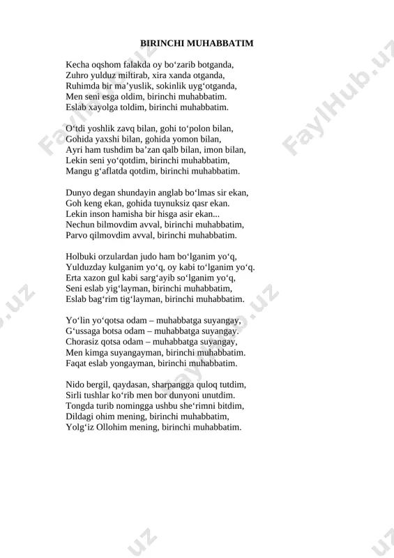 6 yilgi toshkent zilzilasi turtki bo‘lgan. shoir vaqtlar o‘tib ma’shum zilzila haqida yozilgan gazetalarga ko‘zi tushgan avlodlarni tasavvur qiladi. ular qarashsa-ki, sahifalarda azob-uqubat, vahima jabrini tortgan odamlarning emas, balki xushnud odamlarning suratlari iljayib turibdi. bu ne hol? yer osti qattiq silkinib, uy-joylar buzilsa-yu odamlarning chehrasida shodmonlik? shoir bu holning siridan avlodlarni voqif qiladi: do‘stlarim, hayratda qolmangiz faqat, sirlilik bizlarning uslubga mosdir. tinchi yo‘qolgan odamlarni jilmayishga majbur etgan kuch – bu «sovetlar» uslubi edi. shoir tag ma’noli misralar, so‘zlar vositasida yolg‘on jamiyatning, erkinlikka yot tuzumning mohiyatini ochib beradi. bu tuzum hatto «insonning azaliy kasbi bo‘lgan, dunyoday qadim» do‘stlikni ham sal bo‘lmasa biz kashf etdik, faqat bizga xos deb bong uradi: sizga falokatdan berganda xabar do‘stlik borasida yozurlar albat. yozurlar: «...biz bo‘ldik tengsiz birodar, bu xislat bizlarga xos erur faqat». [bookmark: 1]birinchi muhabbatim kecha oqshom falakda oy bo‘zarib botganda, zuhro yulduz miltirab, xira xanda otganda, ruhimda bir ma’yuslik, sokinlik uyg‘otganda, men seni …