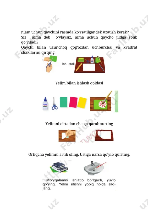 b, zinama – zina, sinkveyn, ven diagrammasi, quyoshcha, klaster, idrok xaritasi, enerjayzer, warm up, kim chaqqon, aqliy hujum, xotira mashqi kabilar dars jihozi: kompyuter, ko’rgazmali qurollar, mavzuga mos tarqatmalar, testlar, turli xildagi rag’batlantiruvchi tarqatmalar kabilar. darsning borishi: i. tashkiliy qism o‘quvchilar bilan salomlashib, sinf xonasining darsga tayyorlik darajasini tekshirish, davomatni aniqlash. ma’naviyat daqiqasi. o‘quvchilar bilan kunning muhim ijtimoiy-siyosiy, ma’naviy-ma’rifiy, axloqiy-tarbiyaviy yangiliklari xususida suhbat tashkil etish, ularga nisbatan o‘quvchilarning mustaqil yondashuvini tinglash, bahs-munozara uyushtirish. ii. uyga berilgan vazifani so’rash va o’tilgan mavzuni mustahkamlash o‘quvchilarga tarqatma materiallar tarqatish va shu asosida o‘tgan mavzu yuzasidan olgan bilimlarini tekshirish, savol-javob o‘tkazish, uyga vazifani tekshirish, namunalar o‘qitish. uyga vazifani bajarishdagi kamchiliklarni tahlil qilish. iii. yangi mavzu bayoni. tabiat rang – barang va chiroyli. inson yaratishni har doim tabiatdan o’rgangan. [image: ]qarang, tabiiy materiallardan tabiat go’zalligini qanday yaratish mimkin? unda qanday tabiiy materiallardan foydalanilgan? [image: ] o’ylab ko’ring. niima uchun tabiatni himoya qilish kerak? barg bilan …