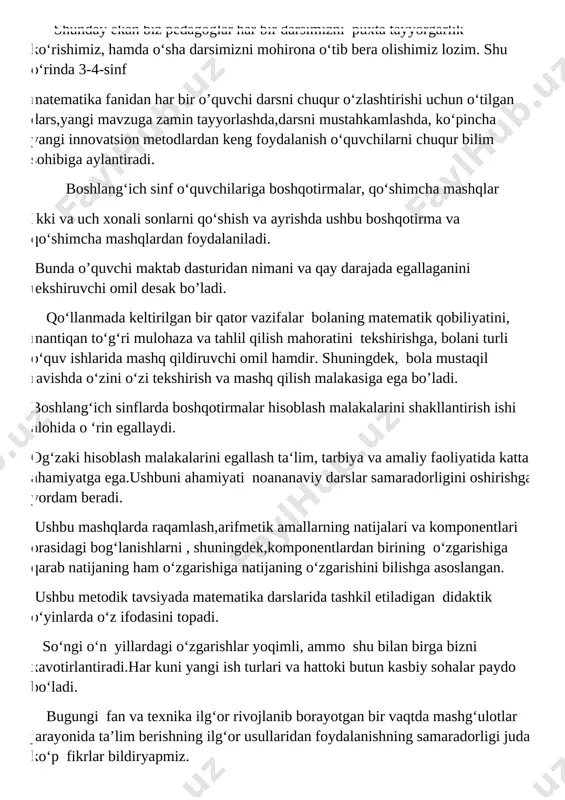 htirib steam tizimi shakllandi. endilikda timss-2023 xalqaro dasturida qatnashishga kirishildi. o‘zbekiston timss va boshqa xalqaro tadqiqotlarda qatnashish orqali rivojlangan mamlakatlar tajribalarini o‘zbekiston ta’lim tizimida qo‘llash, o‘z natijalarini boshqa davlatlardagi tengdoshlariga nisbatan matematika va tabiiy fanlardan savodxonligi qay darajada yuqori? timss yordamida o‘quvchilarning ta’limiy yutuqlari: bilish, qo‘llash, mulohaza yuritishi baholanadi. “bilish” bo‘limi o‘z ichiga matematikadan masalalar yechishni olgan bo‘lib, masalalar yechish o‘quvchilardan sonlarning xususiyatlariva oddiy geometric jismlar haqidagi nazariy bilimlar, ta’riflarni takroran aytib berish, standart grafik va diagrammalardan ma’lumot olishni o‘z ichiga qamrab oladi. “qo‘llashga” oid test topshiriqlarni bajarishda o‘quvchilar hayotiy vaziyatlarni o‘zida aks ettiradigan matematik va tabiiy, ilmiy masalalarni yechish, jadval, sxema, diagramma, grafiklarni talqin qilish, tajribalarni o‘tkazish ko‘nikmalarni namoyish etishlari zarur. “mulohaza yuritish” ga oid topshiriqlar o‘quvchilarning mantiqiy va tizimli fikrlash malakalarni aniqlaydi.mulohaza yuritishni talab etadigan masalalar taklif etadigan masalalar taklif etilayotgan vaziyatning yangiligi, savolning murakkabligi, yechish bosqichlari sonning ko‘pligi, turli bo‘limlardan bilimlarni integratsiyalashning zarurligi bilan bir- biridan farqlanishi …