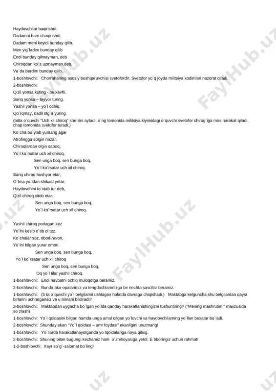 har qanday tasodifning oxiri yaxshilik bilan yakunlanavermaydi. 2-boshlovchi: ayrim tasodiflar tufayli ba`zilari ruhan, ba`zilari jisman majruh bo`lib qoladilar. har yili yo`l transport hodisalari natijasida ko`plab bolalar shikastlanib nobud bo`lishyapti. bularning sabalari esa turlicha. (o`quvchilar birma-bir aytishadi.) - velosiped, chanalarda yo`lning qatnov qismida uchgani uchun; - mashina va traktorlarning orqasidan osilgani uchun; - kattalar qolidan chiqib birdaniga yugurgani uchun; - koptokning orqasidan chopib chiqqani uchun; - mumkin bo`lmaga joylardan yo`lni kesib o`tgani uchun; - yo`lning harakat qismida turli o`yinlar o`ynagani uchun; - kichik yoshdagi bolalarni yo`lda nazoratsiz qoldirgani uchun; - tez kelayotgan transport vositasi oldidan tez chopib o`tgani uchun baxtsiz hodisalar ro`y beradi. 1-boshlovchi: bunday baxtsiz hodisalarning oldini olish uchun esa hozir aytiladigan qoidalarga amal qilishimiz zarur. (o`quvchilar birma-bir aytishadi.) - ko`chani piyodalar o`tish joyidan shoshilmasdan kesib o`tish kerak; - yo`ldan faqat svetoforning yashil chirog`i yonganda o`ting; - agar ko`chaning piyodalar yo`lakchasi bo`lmasa, harakatlanayotgan mashinalarga qarshi yo`nalishda ko`cha bo`ylab yo`l chetida …