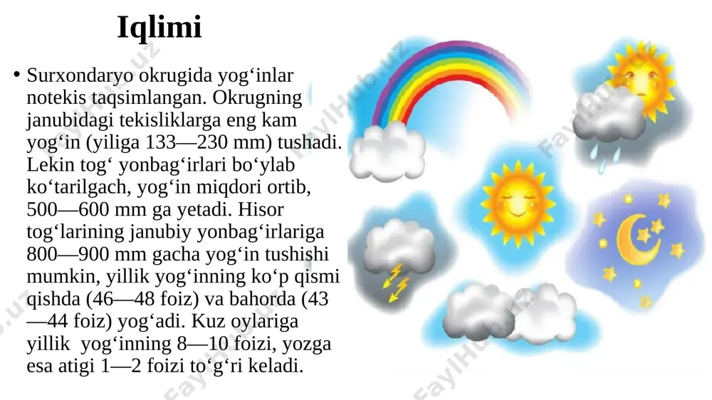 o‘rsiq, kiyik, tog‘ takasi, tog‘ qo‘yi, hindiston maynasi, qaldirg‘och, kemiruvchilardan kalamush, qo‘shoyoq, yumronqoziq yashaydi. to‘qaylarida to‘qay mushugi, qirg‘ovul, yovvoyi cho‘chqa, chiyabo‘ri, tulki, g‘oz, o‘rdak uchraydi. sudralib yuruvchilardan o‘qilon, turkiston kapcha iloni, gekkon kaltakesagi bor. bulardan tashqari, yana jayra, tasqara, chil va kakliklar ham yashaydi. surxondaryo okrugi tabiatini, xususan, amudaryo to‘qayzorlarini va ko‘hitang tog‘ landshaftini himoya ostiga olish uchun surxondaryo qo‘riqxonasi tashkil etilgan. bu qo‘riqxona ikki qismdan iborat. birinchi qismi payg‘ambarorol qo‘riqxonasini o‘z ichiga oladi. unda to‘qay landshafti hamda o‘simliklardan baland bo‘yli qamishzorlar, ilonpechak, yovvoyi jiyda, tol va teraklar; hayvonlardan xongul, to‘ng‘iz, tulki, to‘qay mushugi, chiyabo‘ri, quyon, tojdor tustovuq, ilon va boshqalar himoya qilinadi. surxondaryo qo‘riqxonasi qo‘riqxonaning ikkinchi qismi sobiq ko‘hitang buyurtmaxonasi hududini o‘z ichiga olib, tog‘ landshafti hamda morxo‘r, buxoro tog‘ qo‘yi, burgut himoya ostiga olingan.shuningdek, qo‘riqxona hududida zarautkamar arxeologik yodgorligi ham joylashgan. image1.jpg image2.jpg image3.jpg image4.jpg image5.jpg image6.jpg image7.jpg image8.jpg image9.jpg image10.jpg image11.jpg image12.jpg image13.jpg image14.jpg image15.jpg image16.jpg image17.jpg …