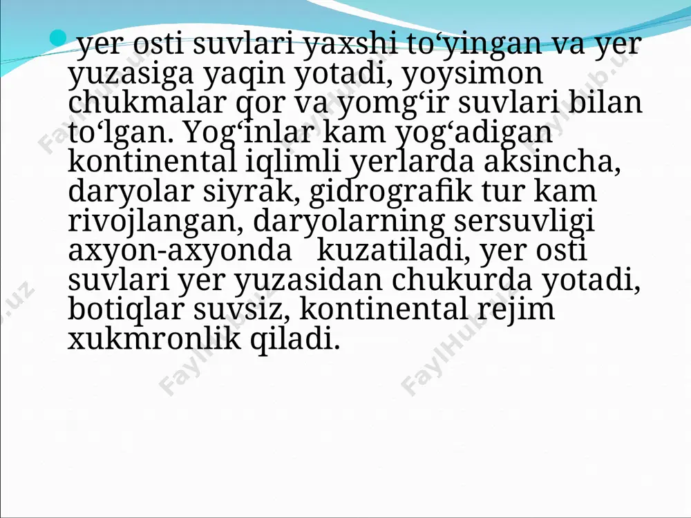 jinslardan tarkib topgan. kolorado daryosi materikning g’arbiy ismida joylashgan.u kordilyera tog’laridan boshlanib,tinch okeaniga quyiladi.kolorado daryosining uzunligi 320 kmga cho’zilgan katta kanoni bilan butun dunyoga mashhur.tabiatga ajoyib hushmanzara tuhfa etgan bu kanonning yon bag’irlari turli davrlarda paydo bo’lgan har xil rangli jinglardan tarkib topgan. kolumbiya daryosi ham kolorado daryosiga o’xshab ketadi.u kordelyera tog’ining sharqiy qismidan boshlanib,ichki yassi tog’liklarni kesib o’tib,o’z suvini okeanga quyadi. kolumbiya (2250 km) va kolorado (grin-river irmog‘i bilan 3200 km) daryolari kordilera tog‘ tizimining sharqiy qismidagi koyali tog‘lardan boshlanib, ichki yassi tog‘liklardan va platolardan chuqur kanonlar hosil qilib oqib o‘tadi va g‘arbiy tof tizmalarini kesib o‘tib okeanga kuyiladi. kolorado daryosidagi katta kanon butun dunyoga mashxur, u daryo oqimi bo‘ylab 320 km masofaga cho‘zilgan. kanonning devorlari turli geologik davrlarda paydo bo‘lgan har xil rangli jinslardan tarkib topgan. kullari. shimoliy amerikaning yirik kullari kelib chikishiga ko‘ra muz-tektonik ko‘llar tipiga mansub bo‘lib, ular kanada qalqonining g‘arbiy va janubiy chegaralarida joylashgan. bularga …