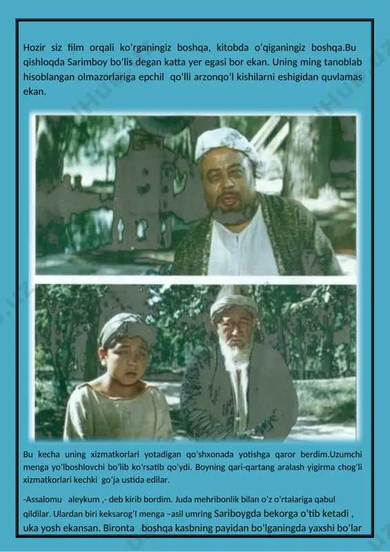 ondi, otlar ham o’ldi, picog’ingiz ham sindi.-qo’rg’onga qayerdan o’t tushibdi? -shamdan tutashib ketibdi. o’sha kuni men ko’rinmay yurdim.ertasiga boy meni qidirib , chalpak qilib olib keldi. avval qurttakina qilib yigirma qamchini bosh-ko’z aralash yedik. so’ngra so’radi: -hoy itdan tarqagan, bu qiloig’ing nimasi? -axir, boshida bay qilishgan edikku, aylanay xo’jayin , har zamonda bir yolg’on gapiraman , deb. -bu o’sha yolg’onmi? -lekin hammasi emas edi. -agar hammasi bo’lmasa , butun yolg’on qilsang, men xonavayron bo’lar ekanmanda, tur-ey padaringgala’nat seni , qorning oshga to’ymagur, juvormag bo’l. haydang bu kazzobni. haydab chiqarmoqchi bo’ldilar ketish oldidan boydan haqqimni talab qildim.chunki boyning eshigida bir oy-u o’n toqqiz kun ishlagan edim. haligacha bergan yigirma ikki tiyin choychaqani bosib qolib , qayoqdagi qurt yegan olmalardan ikki pud olmani bitta chipta qopga solib berdi.men shunga ham shukr qilib yo’lga tushdim. yana o’sha darbadarlik , yana o’sha makonsizlik balosi. aksiga olib bugun sariog’ochning bozor kuni edi. -kep qoling armonda …
