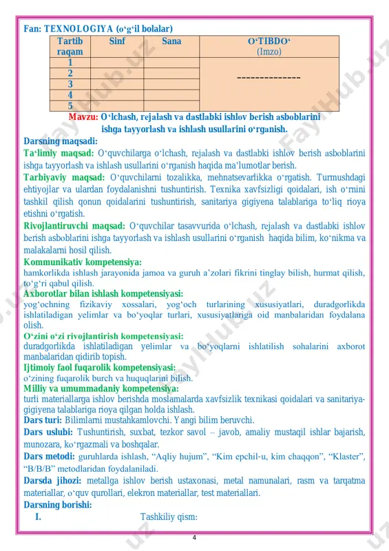 shma? 6. po„lat va cho„yan bir-biridan qanday farq qiladi? 7. cho„yan qanday qotishma? v. darsni yakunlash va o„quvchilarni baholash. metallga ishlov berish ustaxonasini tartibga keltirish. vi. uyga vazifani e‟lon qilish: mavzu bo„yicha berilgan barcha ma‟lumotlarni o„qib-o„rganib kelish. 4 fan: texnologiya (o‘g‘il bolalar) tartib raqam sinf sana o‘tibdo‘ (imzo) 1 ______________ 2 3 4 5 mavzu: o‘lchash, rejalash va dastlabki ishlov berish asboblarini ishga tayyorlash va ishlash usullarini o‘rganish. darsning maqsadi: ta‘limiy maqsad: o„quvchilarga o„lchash, rejalash va dastlabki ishlov berish asboblarini ishga tayyorlash va ishlash usullarini o„rganish haqida ma‟lumotlar berish. tarbiyaviy maqsad: o„quvchilarni tozalikka, mehnatsevarlikka o„rgatish. turmushdagi ehtiyojlar va ulardan foydalanishni tushuntirish. texnika xavfsizligi qoidalari, ish o„rnini tashkil qilish qonun qoidalarini tushuntirish, sanitariya gigiyena talablariga to„liq rioya etishni o„rgatish. rivojlantiruvchi maqsad: o„quvchilar tasavvurida o„lchash, rejalash va dastlabki ishlov berish asboblarini ishga tayyorlash va ishlash usullarini o„rganish haqida bilim, ko„nikma va malakalarni hosil qilish. kommunikativ kompetensiya: hamkorlikda ishlash jarayonida jamoa va guruh …