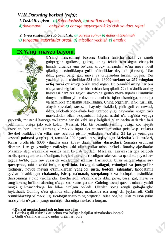 lari, ichki tuzilishi, ajoyib xossalari, xususan, hayotiy shakllari, yirik guli va mevasi, ildizi, salobatli shox-shab- basi, umrboqiyligi, hayvon​lar singari tirik mavjudotlar bilan oziqlanishi, kelgusi naslni o'z bag'rida voyaga yetkazib, mustaqil hayotga yo'llanma berishi kabi irsiy belgilari bilan necha asrlardan beri odamlarni o'ziga jalb etib keladi (6-rasm). har bir o'simlik turining o'ziga xos ajoyib xossalari bor. o'simliklarning xilma-xil- ligini aks ettiruvchi misollar juda ko'p. bularga seyshel orolidagi o'n yillar mo- baynida pishib yetiladigan, og'irligi 25 kg ga yetadigan seyshel palmasi yong'oqlari, tanasida 200 / gacha suv saqlaydigan meksika kak- tuslari, kanar orollarida 6000 yilgacha umr ko'ra- digan ajdar daraxtlari, sumatra orolidagi diametri 1 m ga yetadigan rafleziya kabi ulkan gullar misol bo'ladi. bunday ajoyibotlar o'lkamiz- dagi o'simliklar orasida ham ko'plab topiladi. masalan, jazirama issiqqa bardosh berib, qum uyumlarida o'sadigan, barglari arang ko'rinadigan saksovul va qandim, poyasi suv tagida bo'lib, guli suv yuzasida ochiladigan nilufar, hasharotlar bilan oziqlanadigan suv qaroqchisi, tabiat ko'rki …