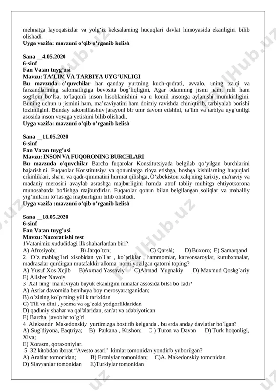 jorullox”, ya'ni olloxning qo`shnisi degan e'tirofga sazovor bo`lgan alomaning nomini toping a) maxmud zamaxshariy; b) najmiddin kubro; c) najmiddin kubro; d)abu nasr moturidiy; e)burxoniddin marg`inoniy 8 o`zbekiston respublikasi tarkibida nechta viloyat, nechta respublika bor? a) 1 ta respublika, 11 ta viloyat b)1 ta respublika, 13 ta viloyat s) 1 ta respublika, 14 ta viloyat d) 1 ta respublika, 10 ta viloyat e) 1 ta respublika, 11 ta viloyat 9 o`zbekiston oltin zahirasi bo`yicha dunyoda nechanchi o`rinda turadi? a) 1-o`rinda b) 4-o`rinda c) 7-o`rinda d) 5-o`rinda e) 2-o`rinda 10 yurtimizda qanday mineral qazilmalar bor? a) mis; b) kumush; c) litiy d) fosfor e) barcha javoblar to`g`ri 11 qur`oni karimning {alifa usmon davrida kochirtirilgan yagona noyob nushasi qayerda saqlanadi? a) samarqand, registonda; b) sank-peterburg, ermitajda; c) buxoro, arkda d) toshkentda, o`zbekistonning musulmonlar idorasida e) toshkent, temyriylar tarixi davlat muzeyida 12 zardushtiylikning qadimie kitobi “avesto” qayerda yozilgan? a) toshkentda; b) buxoroda c) ko`xna …