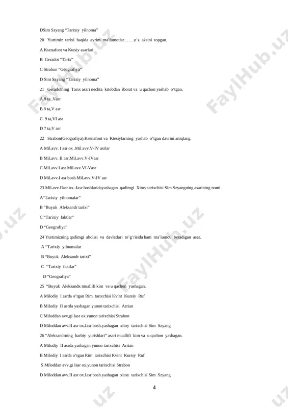 ” 3) “serquyosh hur o’lka”4) “jannatmakon diyor” 5) “serquyosh o’lka” a1.2.5 b 1,2,4 c 2,4,5 d 1,2,3 29 baqtriyaliklar qadimgilikda misrliklar bilan bahslasha oladi deb kim xabar beradi? a rim tarixchisi pompey trog yunon tarixchisi geradot b yunon tarixchisi geradot c rim tarixchisi kvint kursiy ruf d yunon tarixchisi arrian 30 o’zbekistonning qadimgi aholisi bilan qadimgi sharq elatlari o’rtasida keng madaniy aloqalar qachon boshlangan? a mil.avv.iii-ii ming yilliklar b mil.avv.iii-ii asrlar c mil.avv. ii-i ming yillik d mil.avv. ii-i asrlar 31milodiy i-iv asrlardan boshlab zarafshon va qashqadaryo vohalarida yaratilgan madaniyat ……….. yangi yerlarni o’zlashtirish faoliyati va ……….. savdogarlarining buyuk ipak yo’lidagi harakatlari bilan bog’langan. a so’g’dlarning,so’g’d b baqtriyaliklarning,baqtriya c so’g’dlarning,baqtriya d xorazmliklarning,so’g’dlik 32 so’g’d tilidagi yozma yodgorliklar topib tekshirilgan zaminlarni aniqlang. 1) markaziy osiyo; 2) rim; 3) sharqiy turkison; 4) eron; 5)pokiston ;6) mo’g’uliston: a 1,3,5,6 b 2,4,5,6, c 2,3,5,6, d 1,3,4,5, 33 turmush va mehnat umumiyligi negizida birlashgan eng …