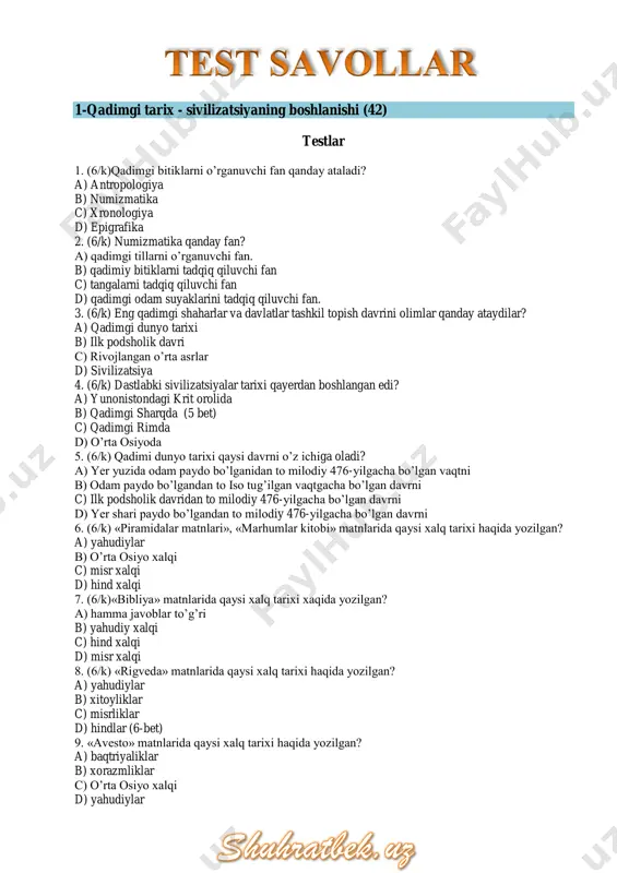 diy i asr b) strabon, mil.avv.i asr oxiri c) gerodot, mil.avv.v asr d) sim szyang, mil.avv.ii asr oxiri – i asr boshlari 23. rim tarixchisi kvint kursiy ruf qachon yashagan va qaysi asarni yozgan? a) milodiy i asr «aleksandrning harbiy yurishlari» b) milodiy ii asr «aleksandrning harbiy yurishlari» c) milodiy i asr «buyuk aleksandr tarixi» d) milodiy ii asr «buyuk aleksandr tarixi» 24. «aleksandrning harbiy yurishlari» nomli asar muallifi kim va qachon yashagan? a) gerodot, mil.avv.v asr b) arrian, milodiy ii asr c) strabon, mil.avv.i asr d) sim szyang, mil.avv.ii asr oxiri- i asr boshlari 25. yunonlar qachondan yurtimizning aholisi, viloyatlari haqida ma’lumotlarga ega bo’lganlar? a) mil.avv.iv-iii asrlardan b) mil.avv.v-iv asrlardan c) mil.avv.vii-vi asrlardan d) mil.avv.vi-v asrlardan 26. o’zbekistonning qadimgi aholisi bilan qadimgi sharq elatlari o’rtasida keng madaniy aloqalar qachon boshlangan? a) bundan 3-2 ming yillar avval b) bundan 5-4 ming yillar avval c) bundan 4-3 ming yillar avval d) …