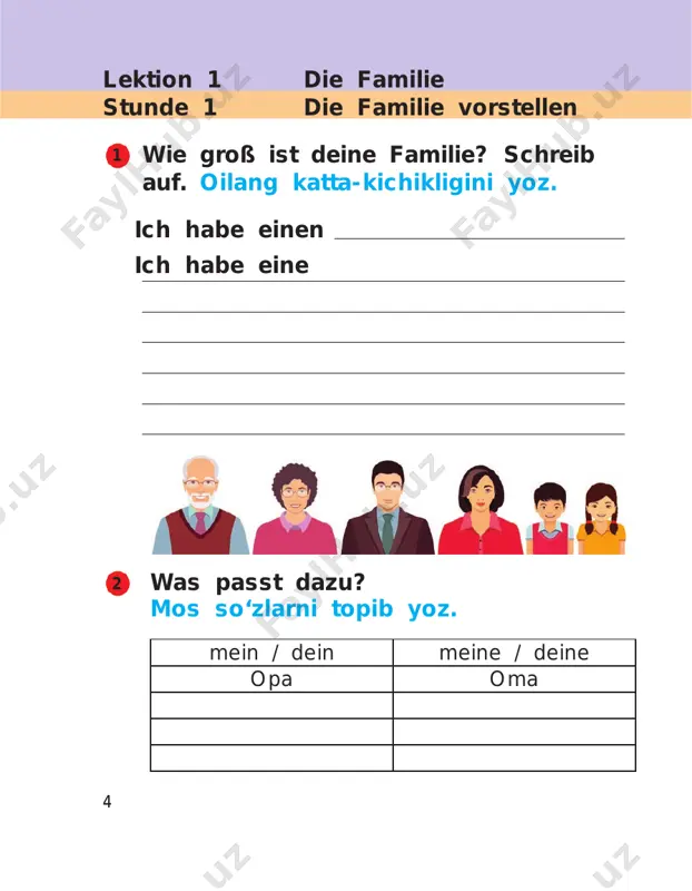onkel heißt er ist jahre alt. er hat schwarze und kurze haare. meine tante heißt sie ist jahre alt. sie hat zwei wie siehst du aus? beschreib dich selbst. ko‘rinishingni tasvirla va yoz. 2 1212 lektion 3 mein haus stunde 1 die zimmer wo kann man das machen? kreuze an. qaysi xonada nima qilish mumkinligini belgila. im wohn- zimmer im kinder- zimmer in der küche im schlaf- zimmer im bade- zimmer schlafen musik hören duschen x kochen lesen spielen trenne die wörter ab und schreib auf. so‘zlarni ajratib yoz. wohnzimmerkinderzimmerschlafzim merbadezimmerküche das wohnzimmer 1 2 1313 1 mein haus lektion 3 mein haus hat ... stunde 2 antworte und schreib auf. javob ber va yoz. a) wo schläfst du? ich schlafe im kinderzimmer. b) wo duschst du? c) wo isst du? d) was machst du im wohnzimmer? schreib passende fragen. mos so‘roq so‘zlarni yoz. a) ich schlafe im kinderzimmer. wo …