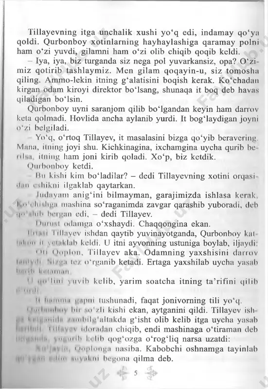 yadan topib o4 |i11j>, va uni izohlashga harakat qiling. 7. « - bizning it qalay? - dedi yangi direktor. - bu itni taniyman, - dedi tillayev...» mazkur suhbat zamirida yotgan ma’nolami sharhlab bering-clii. 8. hayotingizda qurbonboyga o‘xshagan kishilarga duch kcl ganmisiz? agar siz qurbonboy o‘rnida bo‘lganingizda o‘zi ngizga shu holatni ravo ko‘rarmidingiz? javobingizni izohlang. 7 -ff^ 9. nima deb o‘ylaysiz: hikoya qahramoni qurbonboyga aynan shunday ism tanlangani tasodifmi yoki yozuvchining bundan ko‘zlagan boshqa maqsadi bormi? 10. qurbonboyga o ‘xshagan qahramonlar tasvirlangan yana qanday asarlarni eslay olasiz? xoh ishoning, xoh ishonmang, birinchi kuniyoq to ‘qqiz tonna paxta teribm an. a vvaliga o ‘zim ham hayron b o ‘lib qoldim . tavba, shuncha paxtani o ‘zim terdimmi yo birov qo‘shib qo‘y- dimi? ertasiga bir qaytadan o‘n g ‘ayrat bilan paxta terish mana bunaqa bo‘ladi, deb ishga tushib ketdim. to‘qqiz yarim bo‘pti. o csha kuni oblastdan, toshkentdan muxbirlar bosib ketdi. ovo- zim ni …