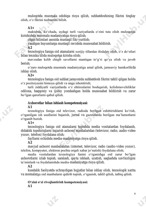 yatda uchraydigan hujjatlar bilan ishlay olish, texnologik xarita va sxemalarga oid manbalarni qidirib topish, o‘rganish, tahlil qilish, tatbiq qilish. o‘zini o‘zi rivojlantirish kompetensiyasi: a1 5 texnologiya fanini o‘rganish; amaliy ishni bajarishda tozalikka rioya qilish, kattalarni gapiga quloq tutish, “mohir qo‘llar” to‘garagida fanlarni o‘qib-o‘rganish, mehnatsevarlik, to‘g‘rilik, hurmat qilish kabi sifatlarga ega bo‘lish; to‘g‘ri so‘z bo‘lish, o‘rtoqlarining xatosini tushuntirish, kattalarga, kichiklarga, o‘rtoqlariga yordam berish, o‘qib-o‘rganish orqali bilimini oshirib borish. a1+ texnologiya faniga oid turli yo‘nalishdagi kitoblarni muntazam o‘qish va o‘rganish; o‘zini xato va kamchiligini to‘g‘ri tushunish, xatolarini tuzatishga harakat qilish, o‘zini nazorat qilish. a2 texnologiya fanini yo‘nalishlar bo‘yicha chuqurroq o‘rganish, yo‘nalishlarni bugungi kun talabi bo‘yicha o‘z ixtirolarini olib kirish, har bir buyumni tayyolashda dizayner-modelerlik kasbi bo‘yicha yondasha olish, shaxs sifatida doimiy ravishda o‘z-o‘zini rivojlantirish; guruhlarda ishlashda ma’suliyatni o‘ziga olish, lider bo‘la olish, turli muammoli vaziyatlarda to‘g‘ri qaror qabul qila olish; konstitutsion huquq va burchlaridan to‘g‘ri foydalana olish; jismoniy, ma’naviy, ruhiy va intellektual …