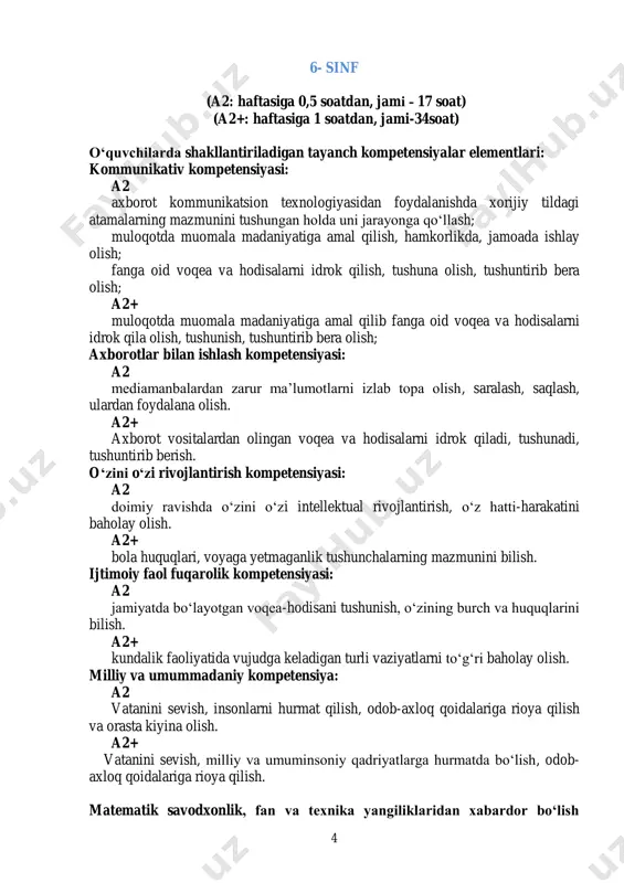 ea va hodisalarni idrok qilish, tushuna olish, tushuntirib bera olish; a2+ muloqotda muomala madaniyatiga amal qilib fanga oid voqea va hodisalarni idrok qila olish, tushunish, tushuntirib bera olish; axborotlar bilan ishlash kompetensiyasi: a2 mediamanbalardan zarur ma’lumotlarni izlab topa olish, saralash, saqlash, ulardan foydalana olish. a2+ axborot vositalardan olingan voqea va hodisalarni idrok qiladi, tushunadi, tushuntirib berish. o‘zini o‘zi rivojlantirish kompetensiyasi: a2 doimiy ravishda o‘zini o‘zi intellektual rivojlantirish, o‘z hatti-harakatini baholay olish. a2+ bola huquqlari, voyaga yetmaganlik tushunchalarning mazmunini bilish. ijtimoiy faol fuqarolik kompetensiyasi: a2 jamiyatda bo‘layotgan voqea-hodisani tushunish, o‘zining burch va huquqlarini bilish. a2+ kundalik faoliyatida vujudga keladigan turli vaziyatlarni to‘g‘ri baholay olish. milliy va umummadaniy kompetensiya: a2 vatanini sevish, insonlarni hurmat qilish, odob-axloq qoidalariga rioya qilish va orasta kiyina olish. a2+ vatanini sevish, milliy va umuminsoniy qadriyatlarga hurmatda bo‘lish, odob- axloq qoidalariga rioya qilish. matematik savodxonlik, fan va texnika yangiliklaridan xabardor bo‘lish 5 hamda foydalanish kompetensiyasi: a2 hisob-kitoblarga asoslangan …