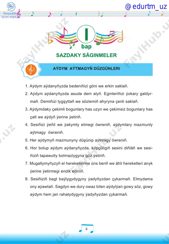 tm_uz 11 salom, maktab, jon maktab, qo‘shiq aytaman maqtab. men ham belcha ushlayman, gulbog‘ingda ishlayman. @edurtm_uz 12 4-5-nji dersler ýarymlyk saz säginmesi ýarymlyk säginme ýarym nota deňdir. ýarymlyk säginme şeýle ýazylýar. aşakdaky nusgadan ýarymlyk säginmeleri tapyp sanaýarys. nota depdere ýarymlyk säginmäni dogry ýazmak. geliň, aşakdaky maşklary bilelikde aýdalyň. säginme bar ýerinde durup, el çarpýarys. = 10. 4 4 zuv - zuv bo - ra -g‘ay, tom - dan qa - ra - g‘ay. sul - ton o‘ - qi - g‘ay. zam - bil to‘ - qi - g‘ay. @edurtm_uz 13 bibijan türkmen halk sazy çaltrak @edurtm_uz 14 bellikleriň atlaryny dogry aýdyň. ony maşk depderiňize göçüriň. gaýtalama. navro‘z har bir kunimiz, xayrli har tunimiz. bizni jon-dildan sevar ota-onalarimiz. gaýtalama. hammamiz bir tan, bir jon, vatanimiz – jonajon, yuqtirmaymiz sha’niga zarracha gard hech qachon. o‘zbek bolalarimiz (özbek dilinde) sözleri we sazy a. haýdarowyňky baxtdan ko‘ngil yayraydi, ko‘zda shodlik porlaydi. jahon uzra …