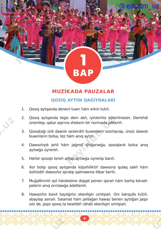 ı. pútin pauza pútin notaǵa teń bolǵan halda bılay jazıladı. 1i 1i2i 2i3i 3i4i 4i bir, eki, úsh, tórt bir, eki, úsh, tórt n. narxojaev muzıkası marsh tapsırma: nota dápterge pútin pauzalardı durıs jazıń. kewilli 2-3- sabaqlar @edurtm_uz 12 biz baxítlí jaslarmíz t. jumamuratov sózi a. ótegenov muzıkası biz baxıtlı jaslarmız– jaslarmız biz jaynaǵan. ullı baxıt qushaǵında– qushaǵında oynaǵan. anaw mektep, oqıp bilim– oqıp bilim alamız, kim bolaman desek te biz– desek te biz bolamız. bizge ashıq ónerdiń keń– ónerdiń keń jolları. quwanıshlı elimniń qız– elimniń qız-ulları. kewilli @edurtm_uz 13 yarímlíq pauzalar djek hám jil inglis xalıq naması yarım pauza yarım notaǵa teń boladı. yarım pauza tómendegishe jazıladı. tómendegi shınıǵıwdı yarım pauzalarǵa súyenip aytamız: do re mi fa sol lya si nota dápterge yarımlıq pauzanı durıs jazıń. moderato-asıqpastan 4-5- sabaqlar @edurtm_uz 14 ustazlar b. qayıpnazarov sózi q. bóribaev muzıkası oqıtıp jas balanı, ósirip oy sananı, bol dep istiń mamanı, bilim …