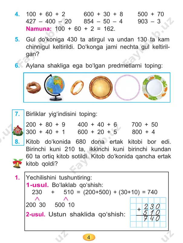 ilinishi kerak. 7. o‘nli kasr ko‘rinishida yozing: 3 butun o‘ndan 3; nol butun o‘ndan 7; nol butun yuzdan 54; 6 butun yuzdan 36; 1 butun yuzdan 8; 57 butun o‘ndan 8; 2 butun yuzdan 28, 5 butun yuzdan 6. 179 1. quyidagi noto‘g‘ri kasrlarni aralash son ko‘rinishida ifodalang: ; ; ; 2. o‘nli kasr ko‘rinishida yozing: yigirma besh bo‘lingan o‘n; ellik olti bo‘lingan o‘n; bir yuz o‘ttiz uch bo‘lingan o‘n; besh yuz sakson bo‘lingan yuz. 3. quyidagi sonlarni oddiy va o‘nli kasr ko‘rinishida yozing: o‘ndan yetti; uch butun yuzdan yigirma to‘rt; nol butun yuzdan to‘qqiz;. 4. siniq chiziq uzunligini toping va millimetrda ifoda- lang: 5. ahror, sobit, omina va mastura jami 5 ta daftar sotib olishdi. ulardan har biri kamida bittadan daftar olgan bo‘lsa, ulardagi daftarlar nechta variantda taqsimlanishi mumkin? jadvalni to‘ldiring: ahror sobit omina mastura 1 2 1 1 1 2 3 4 6. polizdan bir kunda 735 kg …