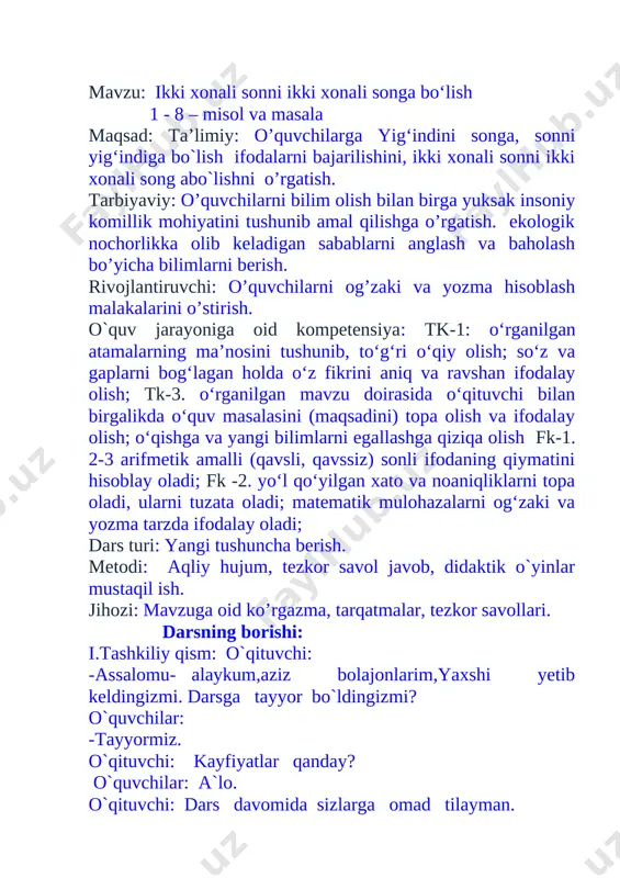mumkin . )1 2. bo‘linmani 2, 3, 4 va 5 sonlari orasidan tanlab, misollarni yeching: 24 : 12 = 2 42 : 14 = 3 60 : 15= 4 75 : 15 = 5 63 : 21 = 3 84 : 21 = 4 56 : 14 = 4 44:11=4 o`quvchilar misollarni guruhlarga ajratib bajaradilar. misollarni javobini o`quvchilar doskada bajaradilar. o`quvchilar o`z ishlarini tekshiradilar. 3. kutubxonaga 96 ta kitob olib kelindi. har bir bog‘lamda 16 tadan kitob bo‘lsa, nechta bog‘lam kitob keltirilgan? yechish: 96:16=6 javob: 6ta bog`lam 4. x – 60 : 3 = 250 20 · x + 45 = 85 x – 20 = 250 20 · x = 40 x = 250 + 20 x = 40 : 20 x = 270 x = 2 misollarni doskada bajarish orqali o`quvchilar ishlari nazorat qilinadi. iv yangi mavzuni mustahkamlash [image: ]5. rasm asosida masala tuzing va yeching: yechish; 96 …