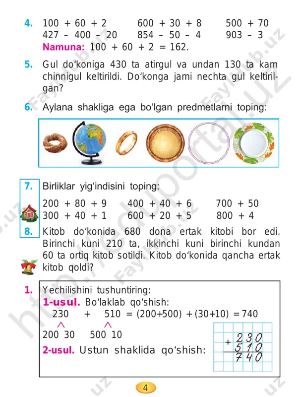 rimetri 16 cm bo‘lgan kvadratni 8 bo‘lakka teng bo‘ling. besh bo‘lagini sariqqa, ikki bo‘lagini yashil rangga bo‘yang. natijada, kvadratning qancha qismi bo‘yaldi? bo‘yalgan qismini kasr ko‘rinishida ifodalang va ularning yig‘indisini toping. 2. 1) 6, 14, 20 sonlarining yarmini toping. 2) 6,15 sonlarining uchdan bir qismini toping. 3) 8, 16, 24 sonlarining choragini toping. 2 4 * 2 4 * 4 4 8 * * 4 2 4 * 4 7 * ; ; ; ; ; htt p:/ /ed up ort al. uz 156 3. rasm asosida masala tuzing va uni yeching: 4. savatdagi anorning choragi 6 dona bo‘lsa, yarmi necha donani tashkil etadi? uchdan bir qismi-chi? 5. 60 50 40 30 20 10 sonlari orasiga «+» va «–» ishoralaridan tanlab shunday qo‘yingki, natija 70 chiqsin. 6. 3 8 1 5 3 8 1 6 5 9 1 4 1 10 4 10 2 8 3 5 4 8 2 …