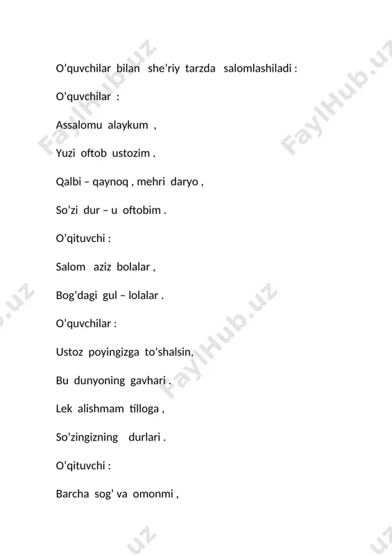 da kichkinagina badiiy qism o’tkaziladi. chunkikeyingi dars soati bo’lim yuzasidan takrorlash va mustahkamlash bo’lgani uchun shunday qilinadi . o’quvchilar qish , qor , yangi yil bayrami , qorbobo va qorqiz haqida she’rlar aytib , raqsga tushadilar . 1 - o’quvchi : [image: ] qor alyori osmon qorni eladi , yerni oqqa beladi . huddi yumshoq par to’shak , dumalaging keladi . qor yog’ar ey qor yog’ar , to’lib dala qir yog’ar . boshimizdan sochqiday , oq marvarid dur yog’ar . 2 – o’quvchi : qish o’tib ketdi kuz chog’i , yetib keldi qish yana . kengdir muzlik quchog’i , bolalar tortar chana . g’izillashib o’tishar , o’gil – qizlar quvlashib . konki otib uchishar , bir – birlarin quvlashib . 3 – o’quvchi : qish qish kechasi guvillar shamol , dalada qor , qush inida qor . ingrar o’g’ri kabi qari tol , oynalarni bezar qish – gulkor . 4 …